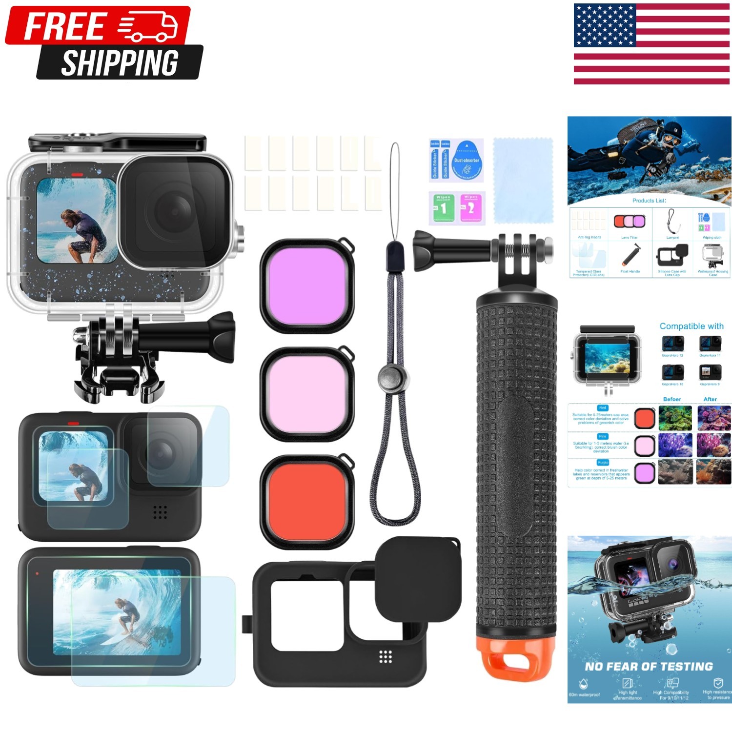 Action Camera Accessories Kit for GoPro Hero 13 12 11 10 9 Black, Waterproof …