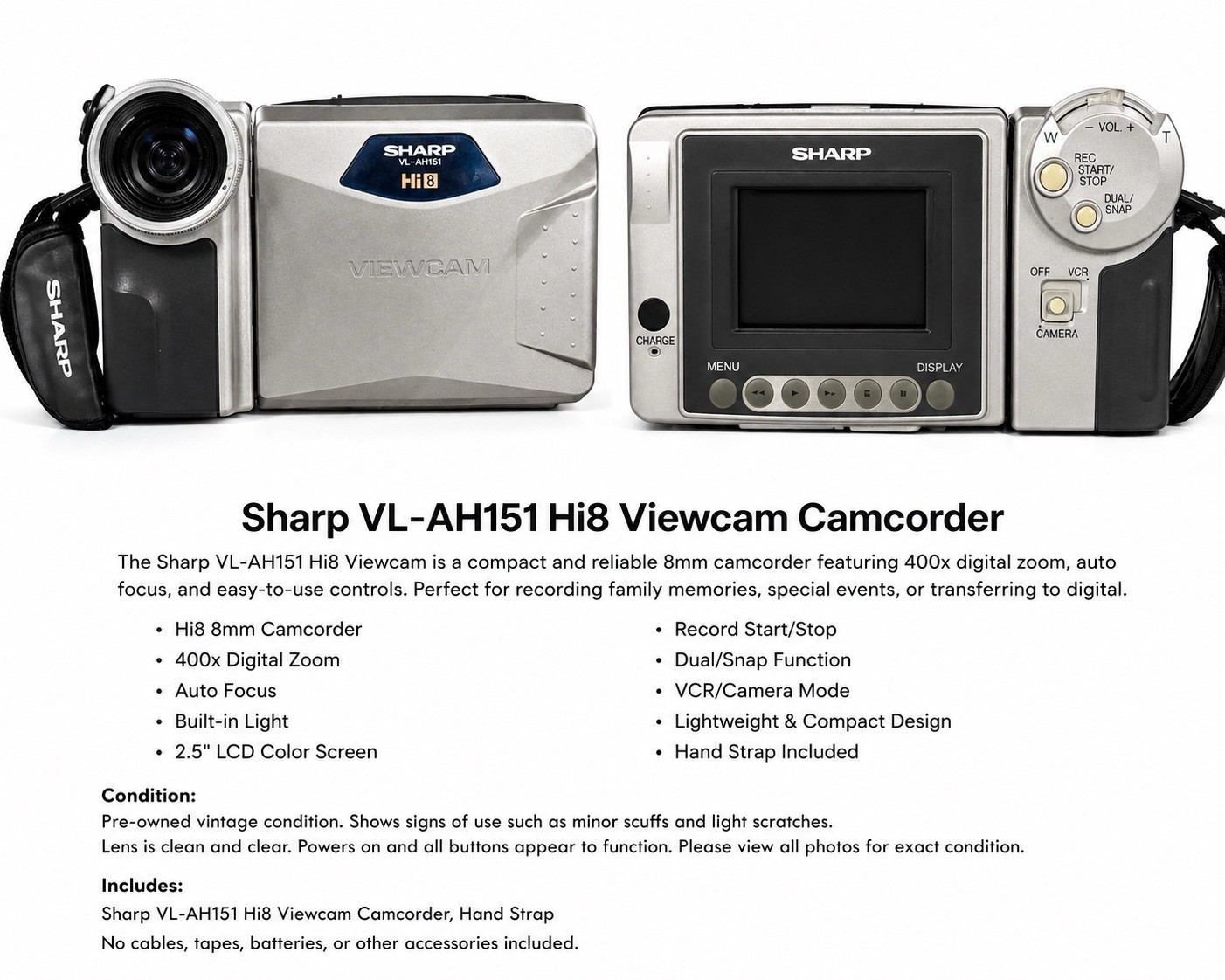 Sharp VL-AH151 ViewCam Hi8 Camcorder 400x Zoom Battery Included – No Charger