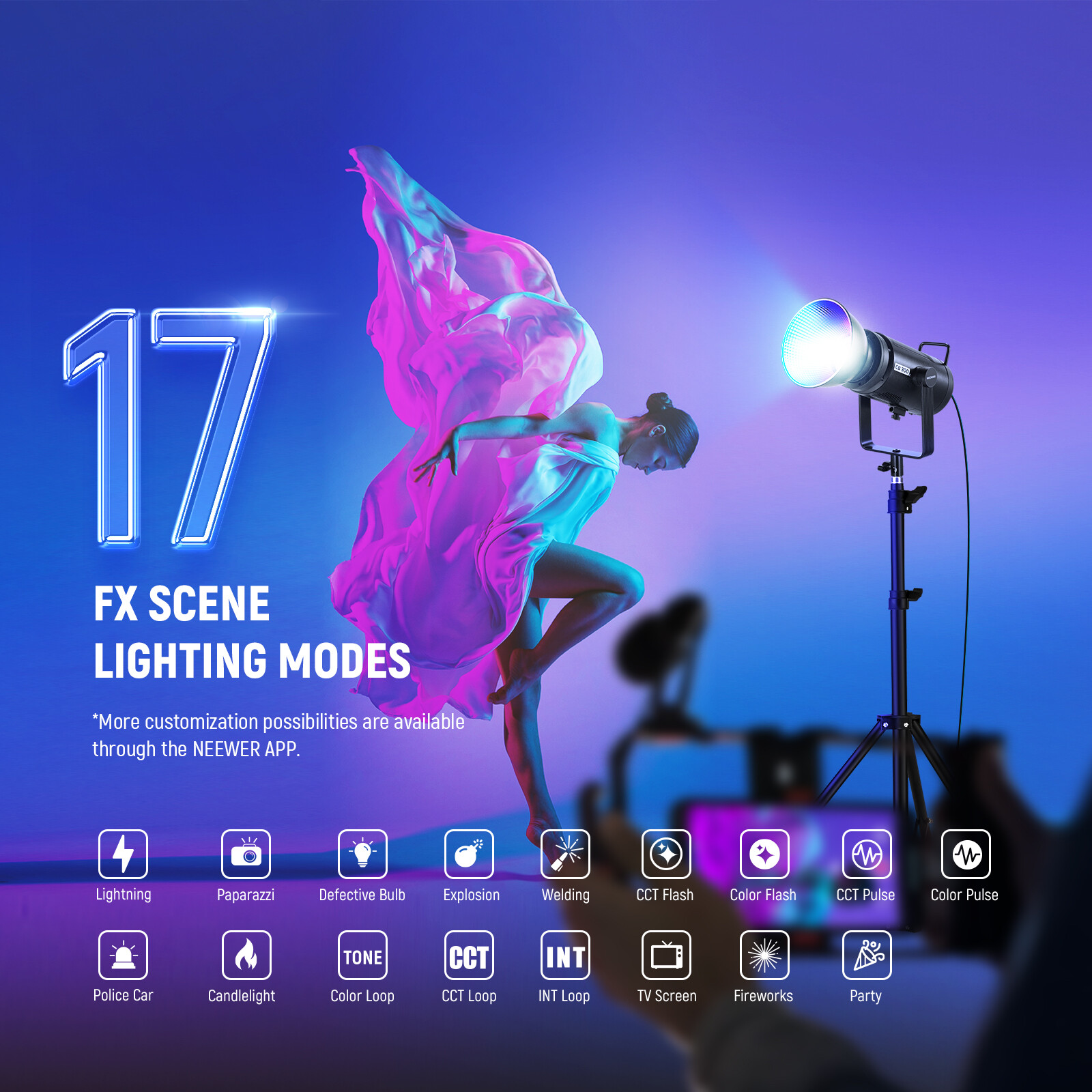 NEEWER CB300C 300W RGB LED Light, Bowens Mount, CRI97+, APP Control