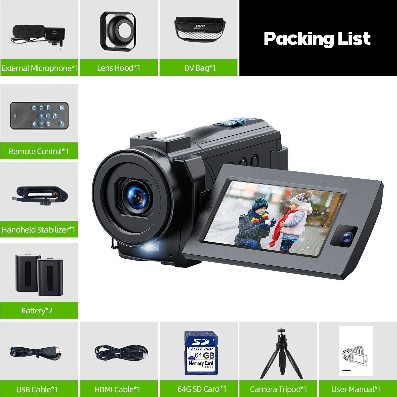5K Camcorder Video Camera with Dual Lens WiFi IR Night Vision w/64GB,Mic,Tripod