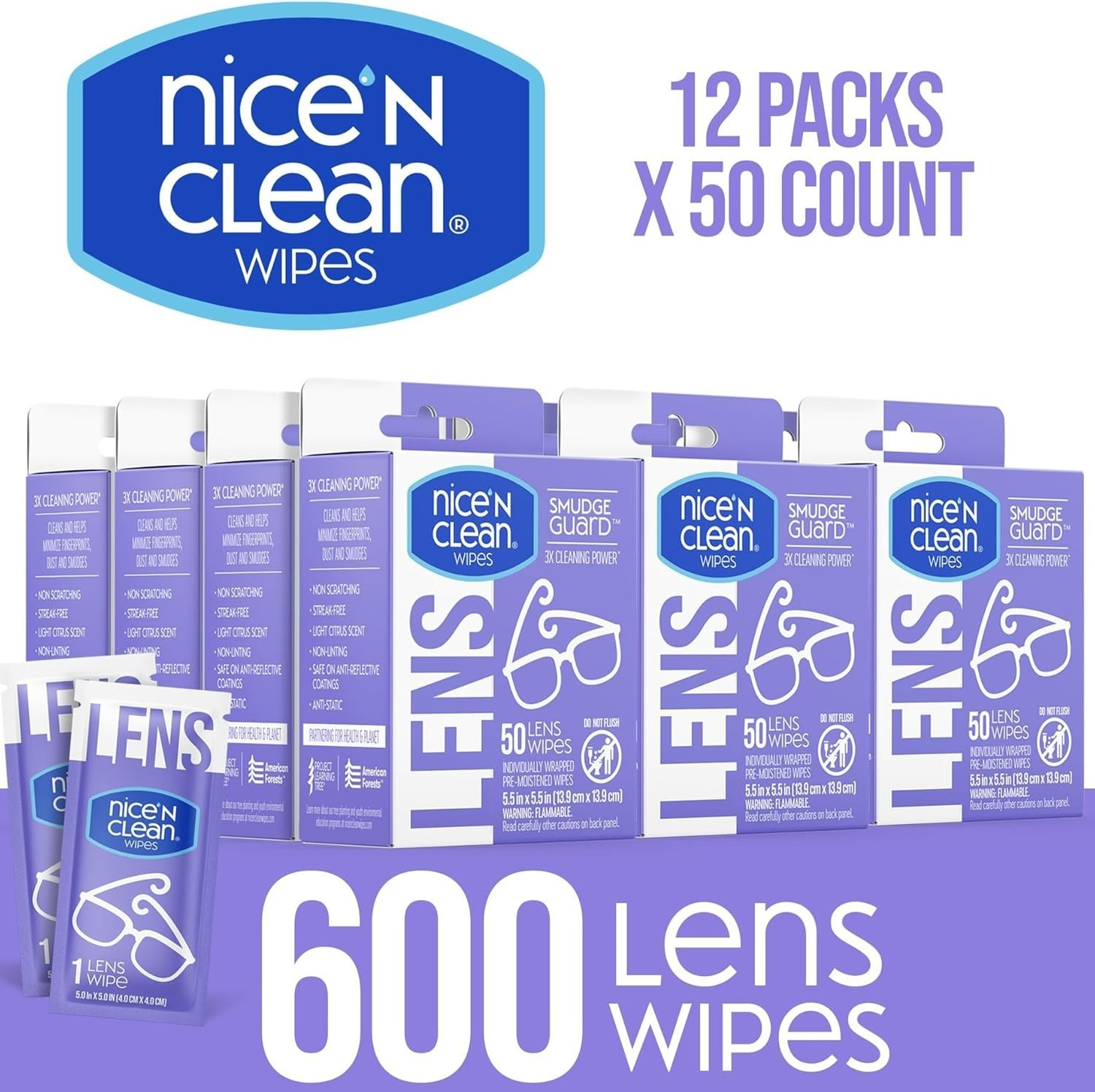 Nice N’ CLEAN SmudgeGuard Wipes – 600 Pre-Moistened Lens Cleaners for On-the-Go