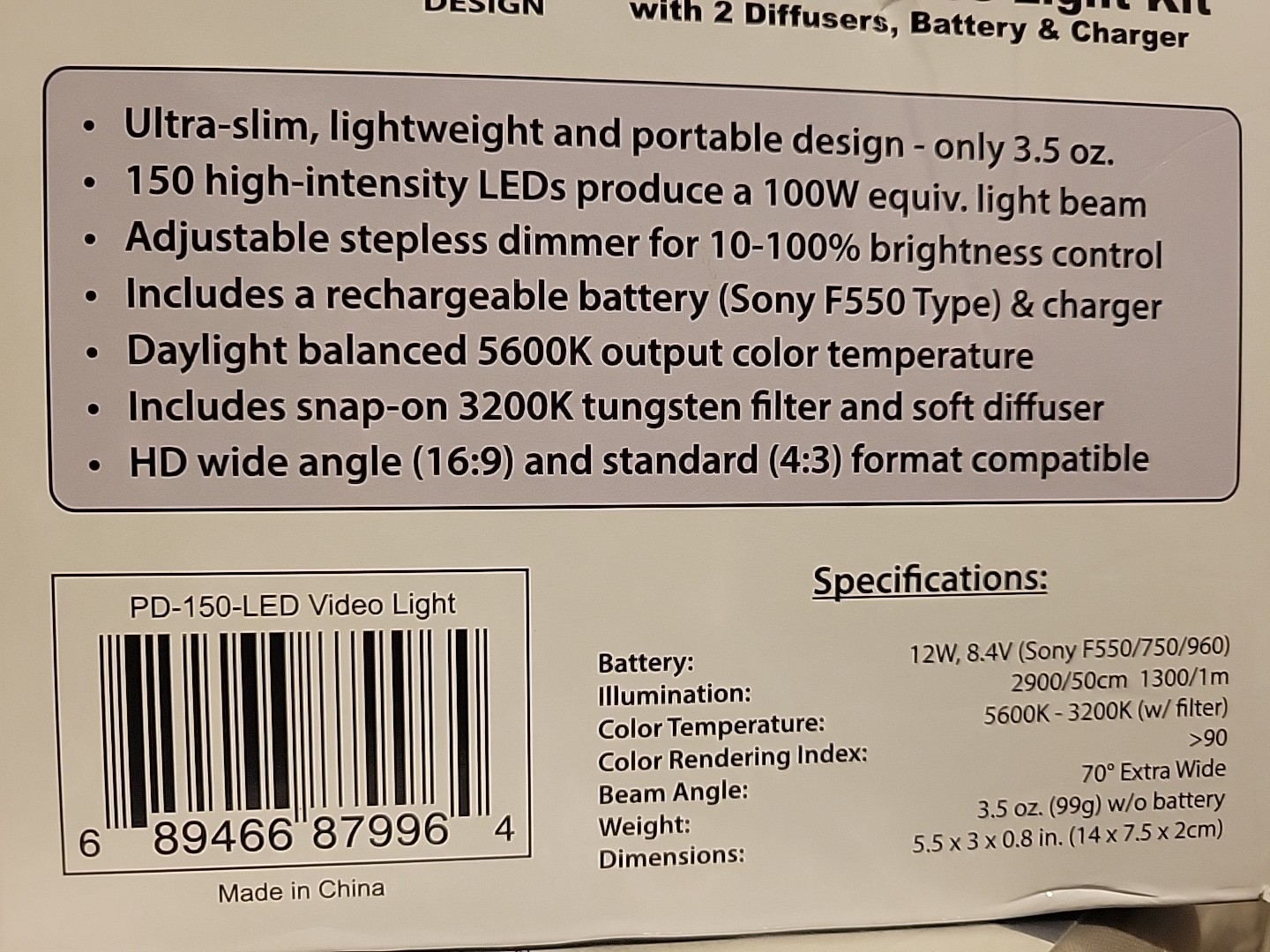 PRECISION DESIGN 150 LED Video Light Kit w/ Filters and Charger – NEW!