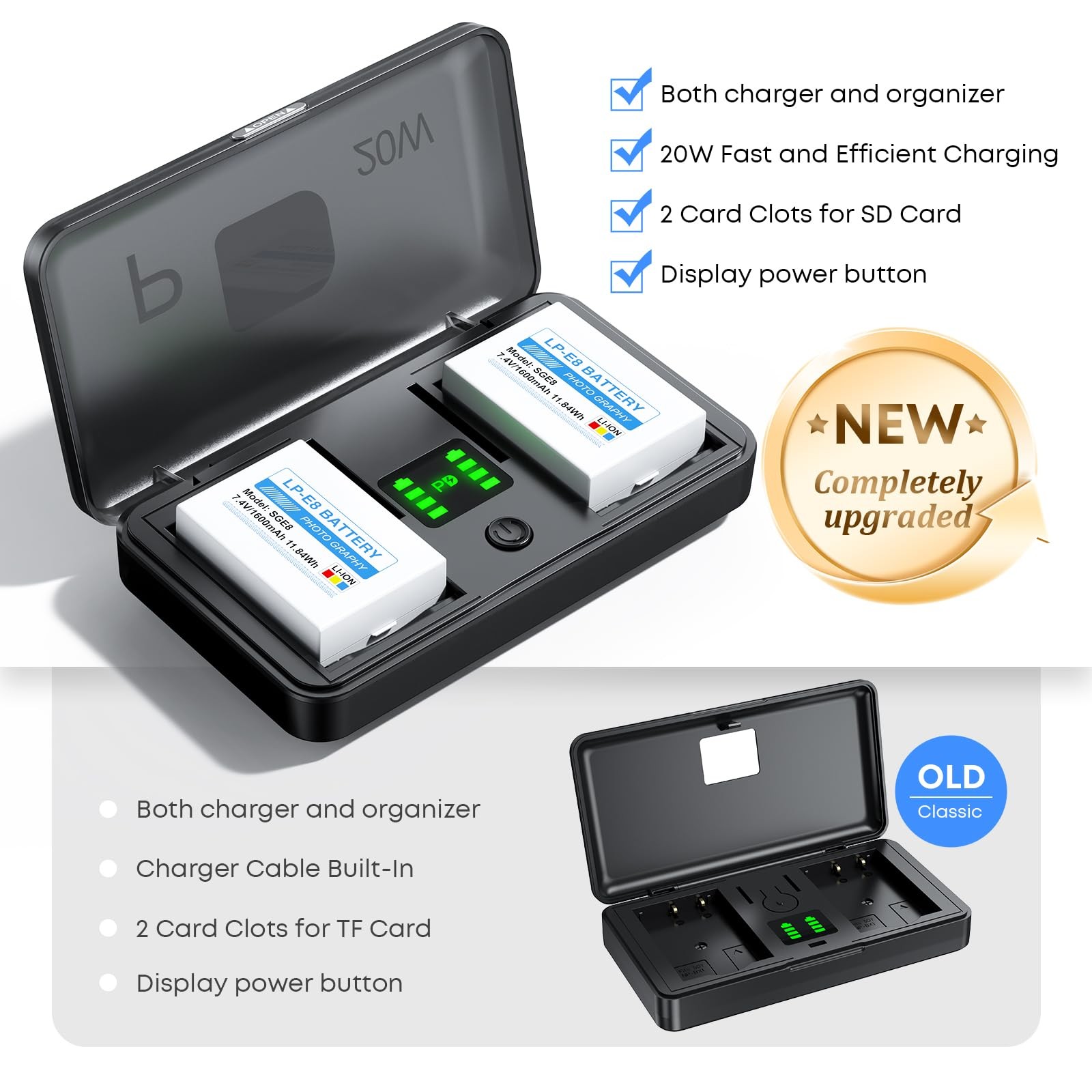LP-E8 Battery 1600mAh (2-Pack) with PD 20W USB Fast Charger & Display, Set fo…