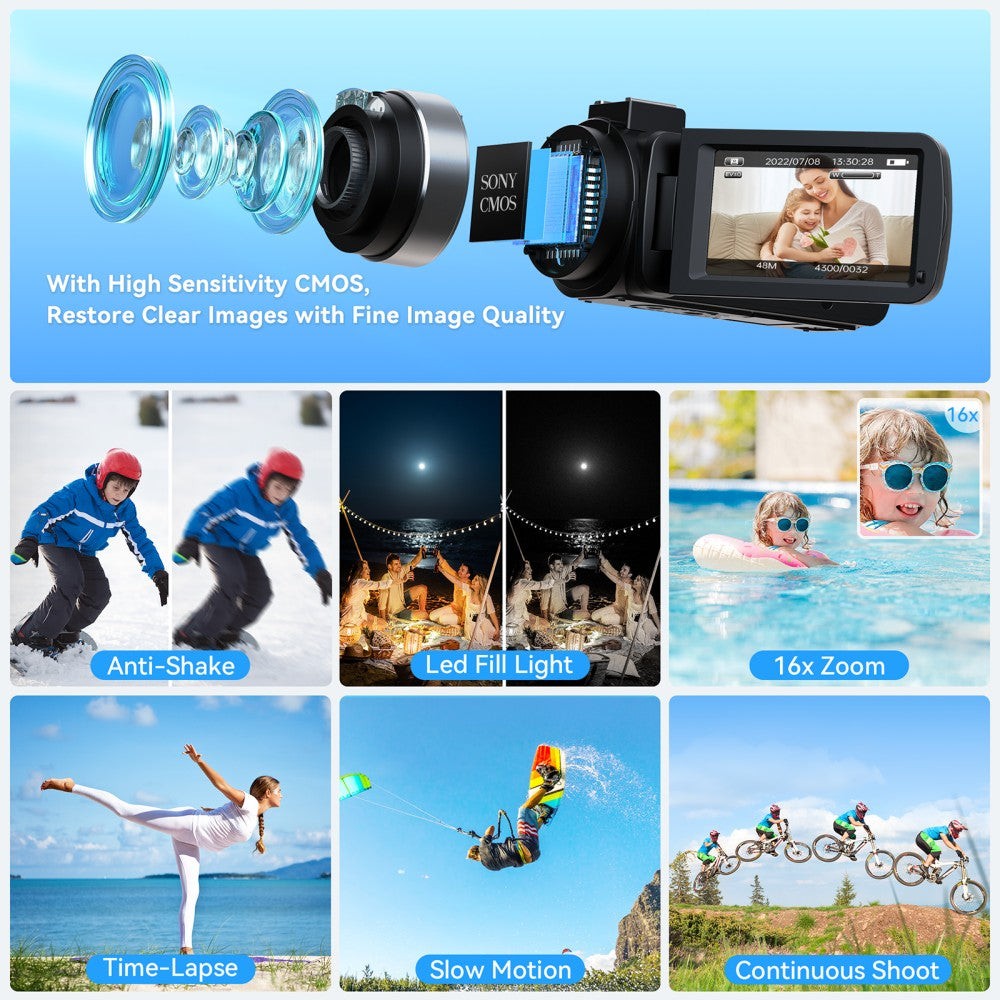 4K Video Camera Camcorder 48MP UHD LED YouTube Camera WiFi with Mic & Remote