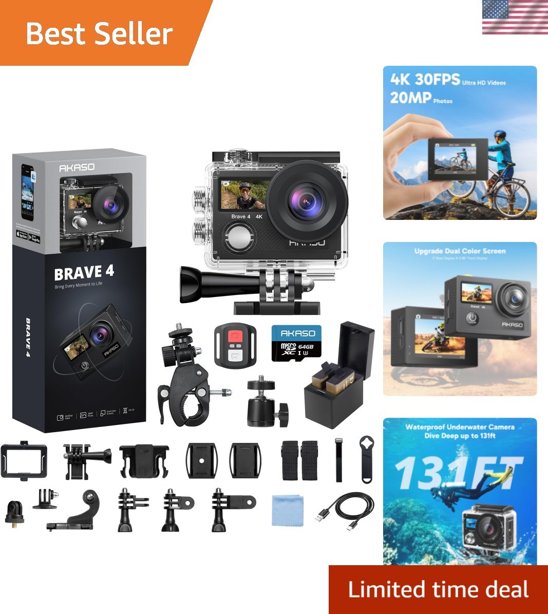 Brave 4 Action Camera 4K 30fps with 64GB MicroSD U3 Card Bicycle Helmet Acces…