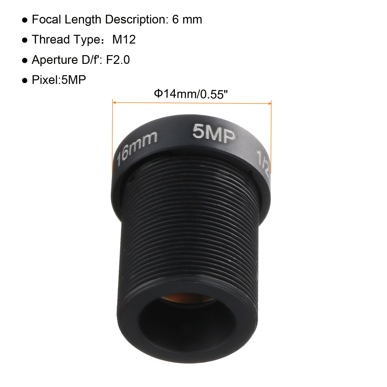 16mm CCTV Camera Lens 5MP F2.0 FPV Security Camera Lens for Camera, Black 2Pcs