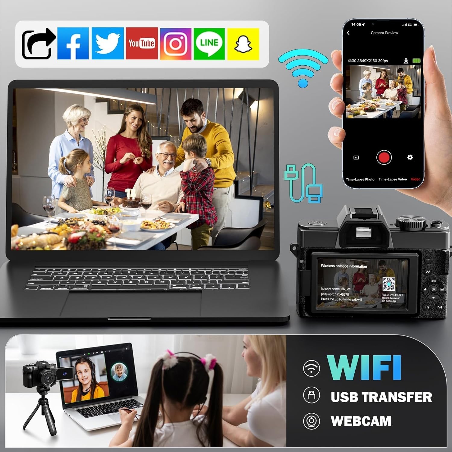 Digital Camera 5K 48MP 16X Autofocus Video Camera W/ Wide Angle and Macro Lens