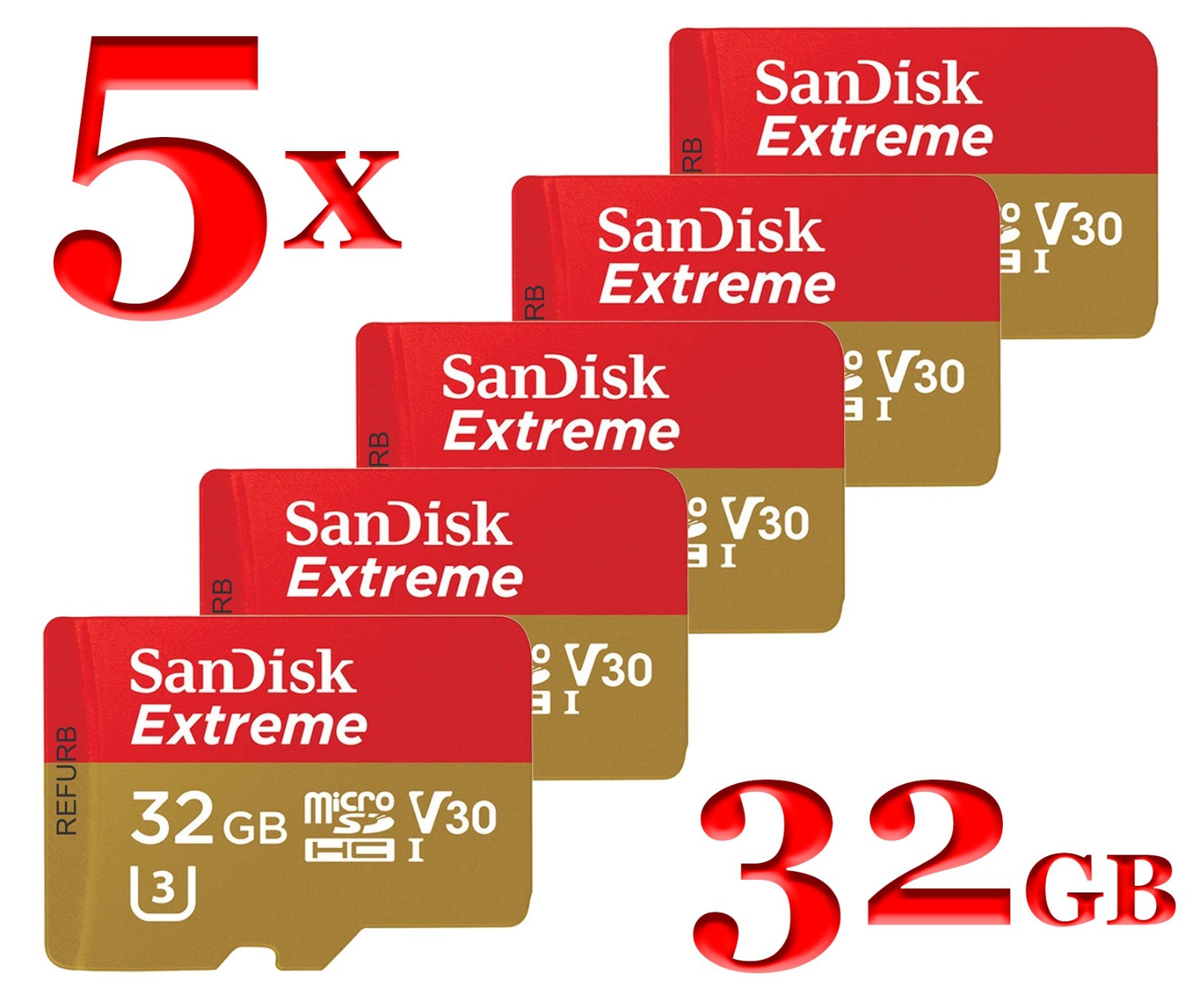 5x SANDISK – Extreme 32GB microSDHC UHS-I U3 V30 Memory Card with Adapter
