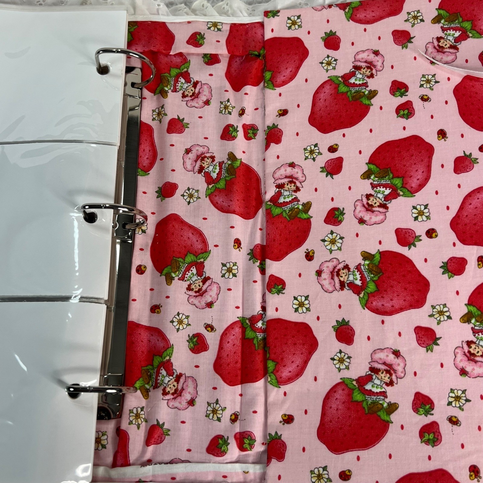 Handmade Strawberry Shortcake Fabric Photo Album 3-Ring Binder Eyelet Lace Pink
