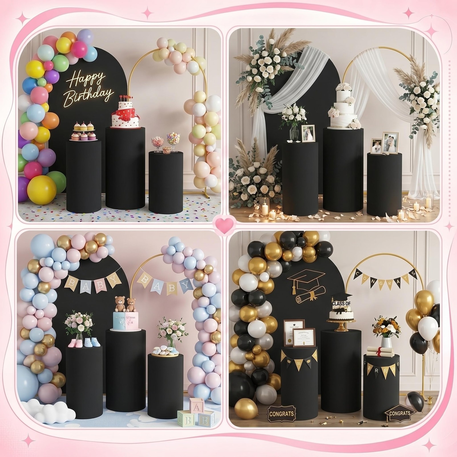 Black Cylinder Pedestal Stand Covers Set of 3, 7.2FT Arch Backdrop Stand and …