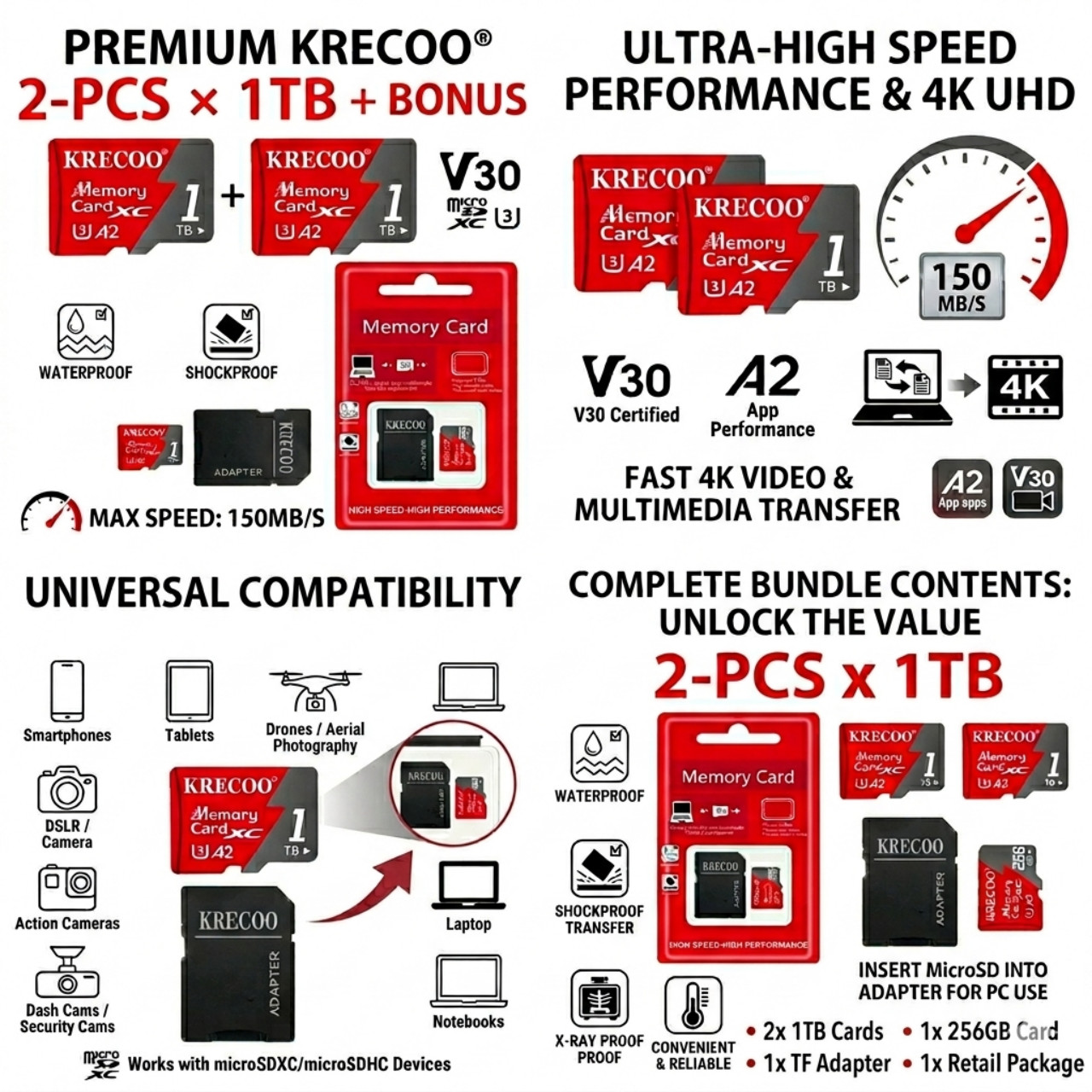 Micro SD TF Memory Card Ultra 64GB 128GB 256GB 1TB Class 10 TF U3 150MB/s Lot