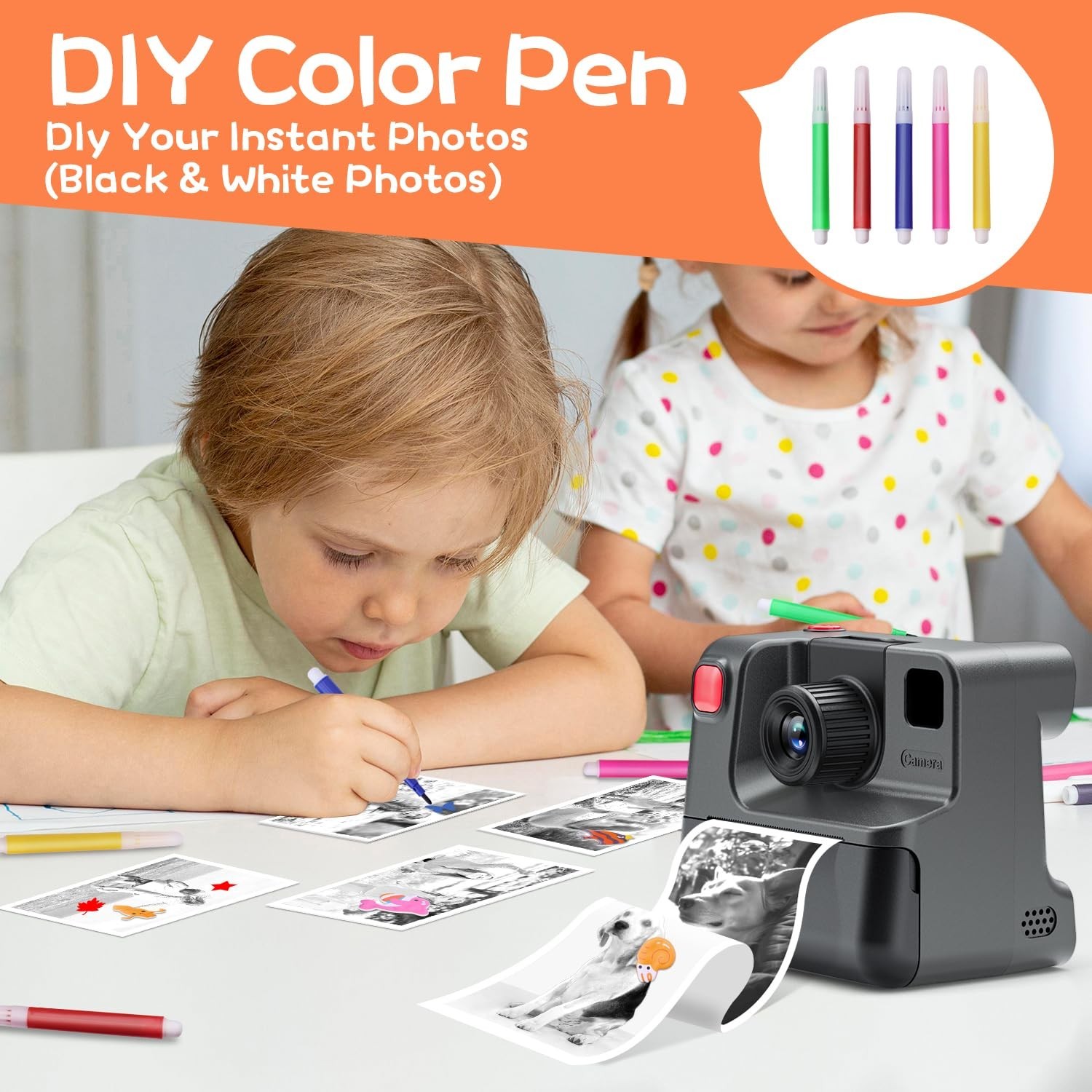 Instant Print Camera for Kids, 1080P HD Video, 3-12 Years, Gift with 32G Card &