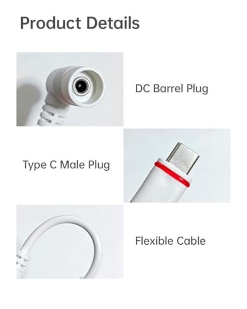 Barrel Plug to USB-C Adapter for Ring USB-C Cameras DC35 Female to Type C Male