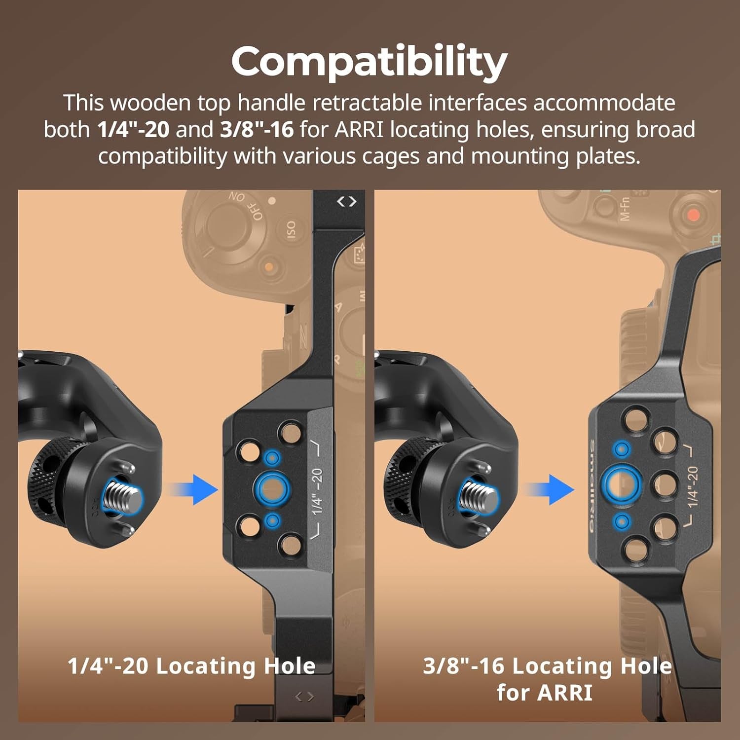 SmallRig Wooden Top Handle with Retractable 1/4”-20 and 3/8”-16 Locating Screw