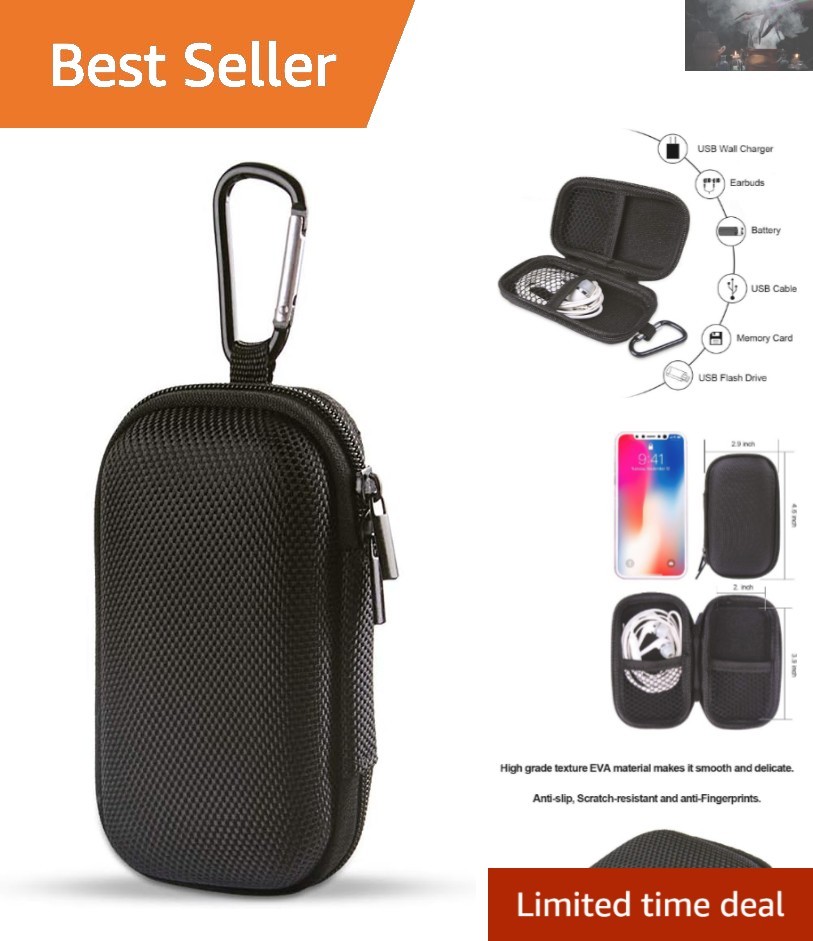 Compact Travel Case with Metal Carabiner for MP3 Players & Earphones – Black