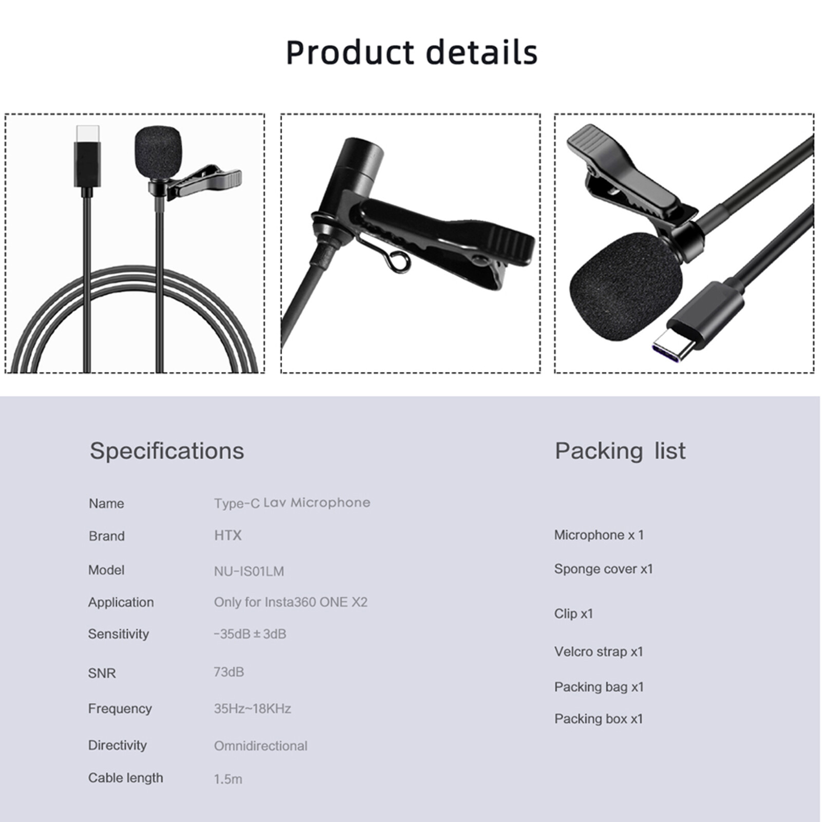 Type-C Lavalier External Wired Omnidirectional Microphone for Insta360 ONE X2 X3