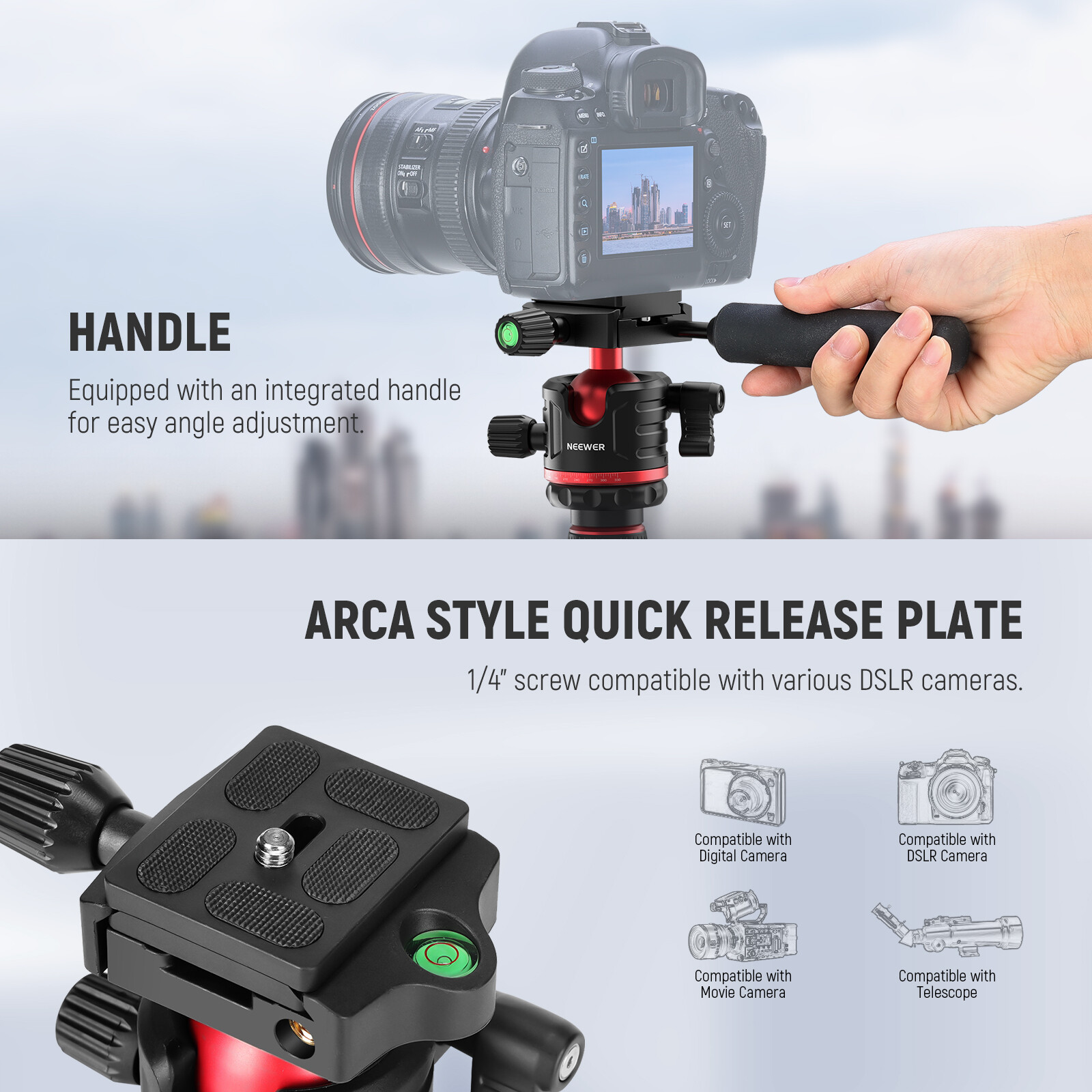 NEEWER 77″/196 cm Camera Tripod Monopod Travel DSLR Video Stand 360° Ball Head