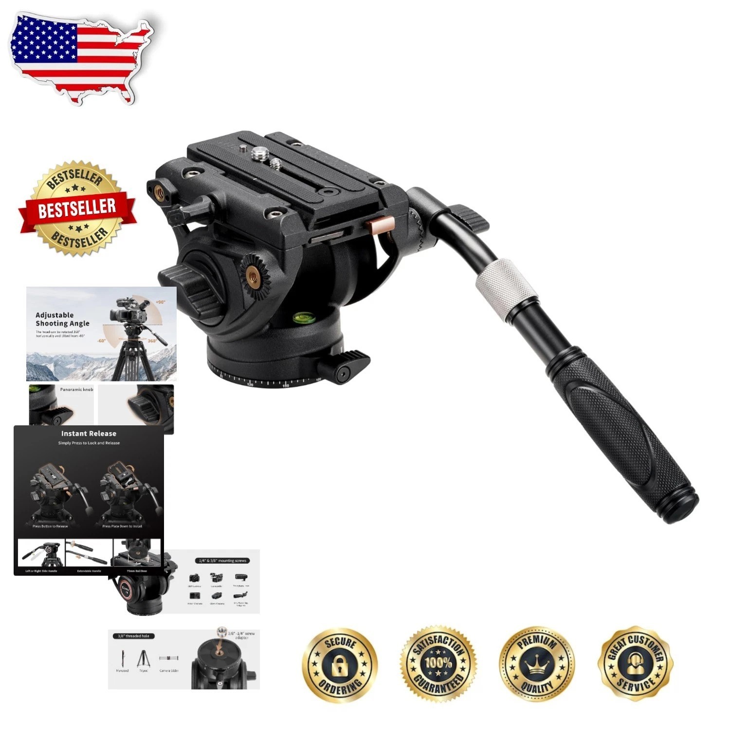 Heavy Duty Camera Fluid Head 17.6lbs Max Load Smooth Pan Tilt