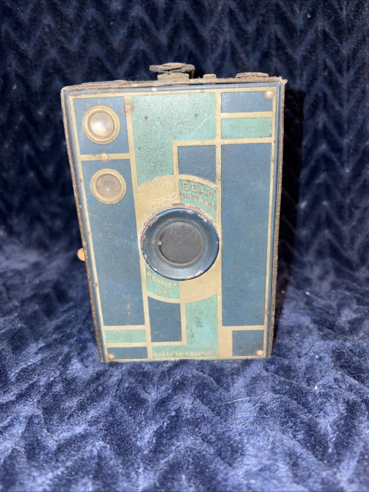 Vtg Kodak # 2 BEAU BROWNIE DOUBLET LENS Art Deco Box Two Tone Blue 1930-33 (3C)