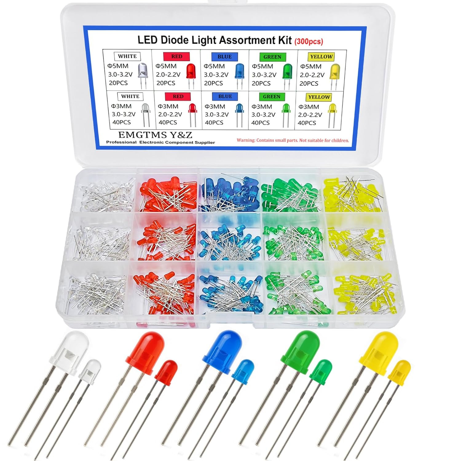 300 Pcs 3Mm & 5Mm LED Diode Assortment Kit – Colors (White/Red/Blue/Green/Yello