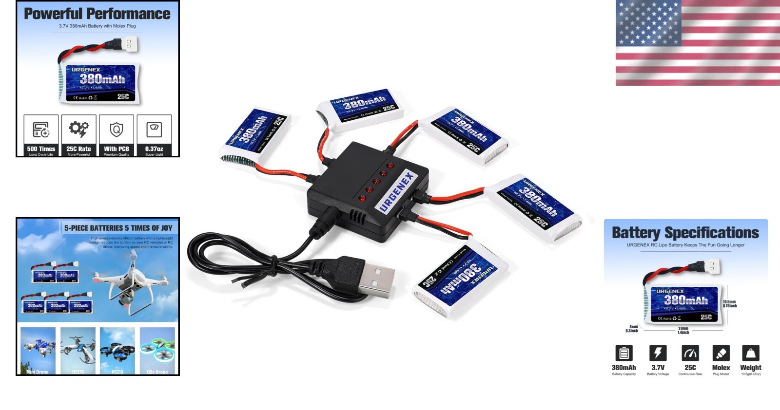 5PCS 3.7V 380mAh Drone Batteries with 5-in-1 Charger for Extended Flight Time