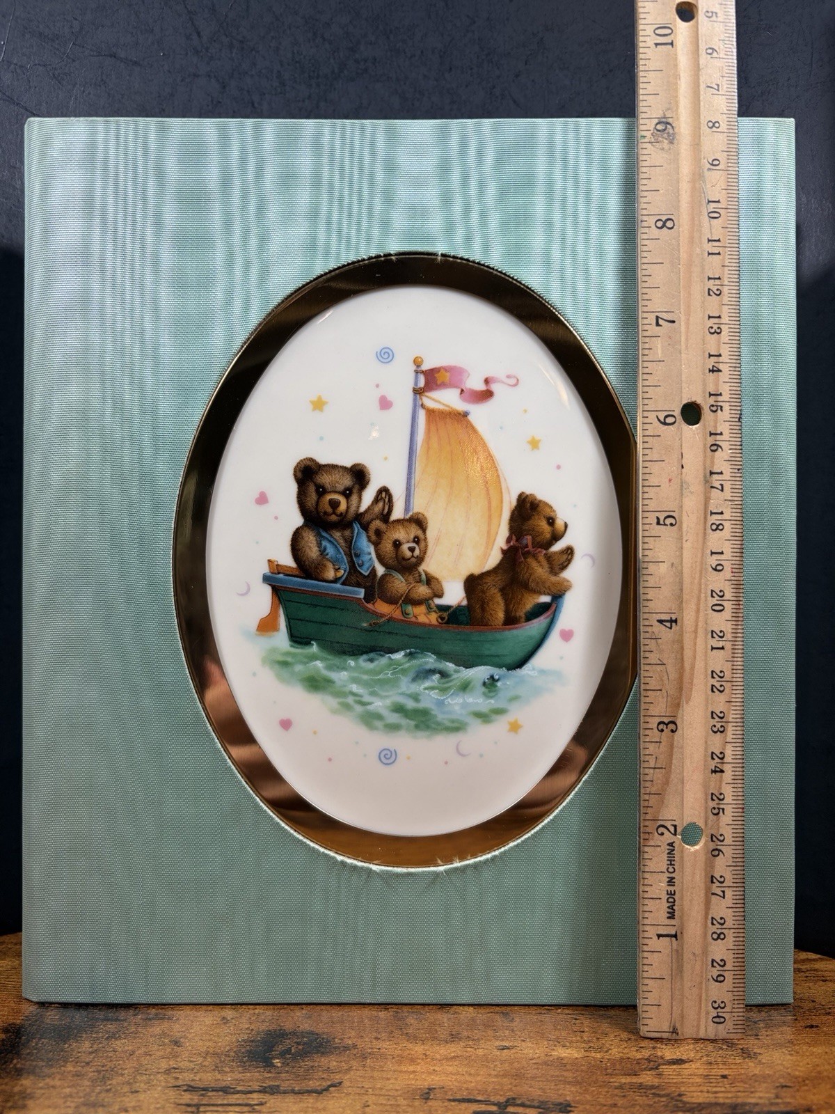 VTG Lenox CHINA BEARS Baby Photo Album 9×8″ Green & Porcelain Sailing 1994 USA