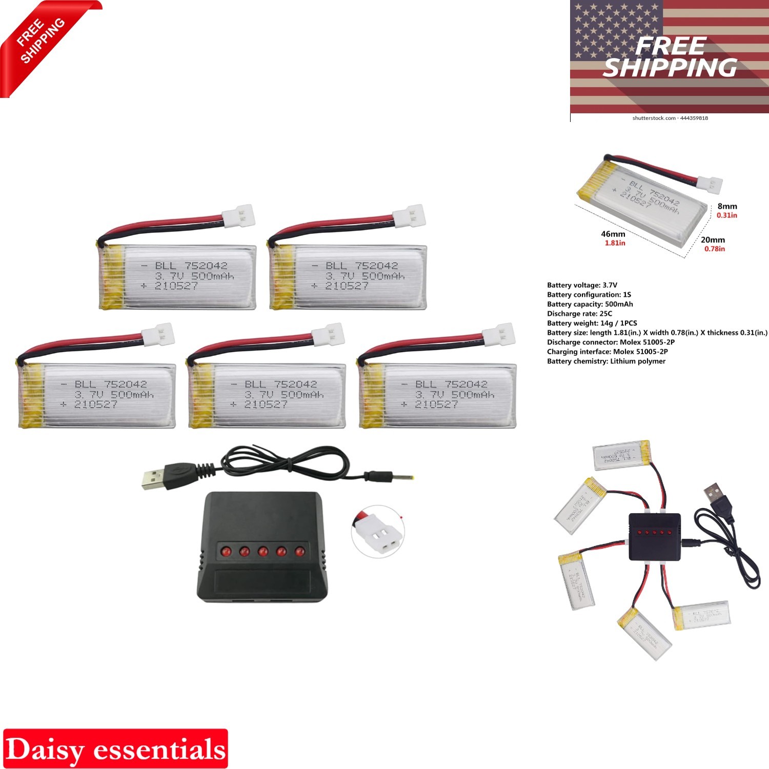 5PCS 3.7V 500mAh LiPo Battery & 5-in-1 Charger for Drones JJRC H31 H37 H6D Hu…