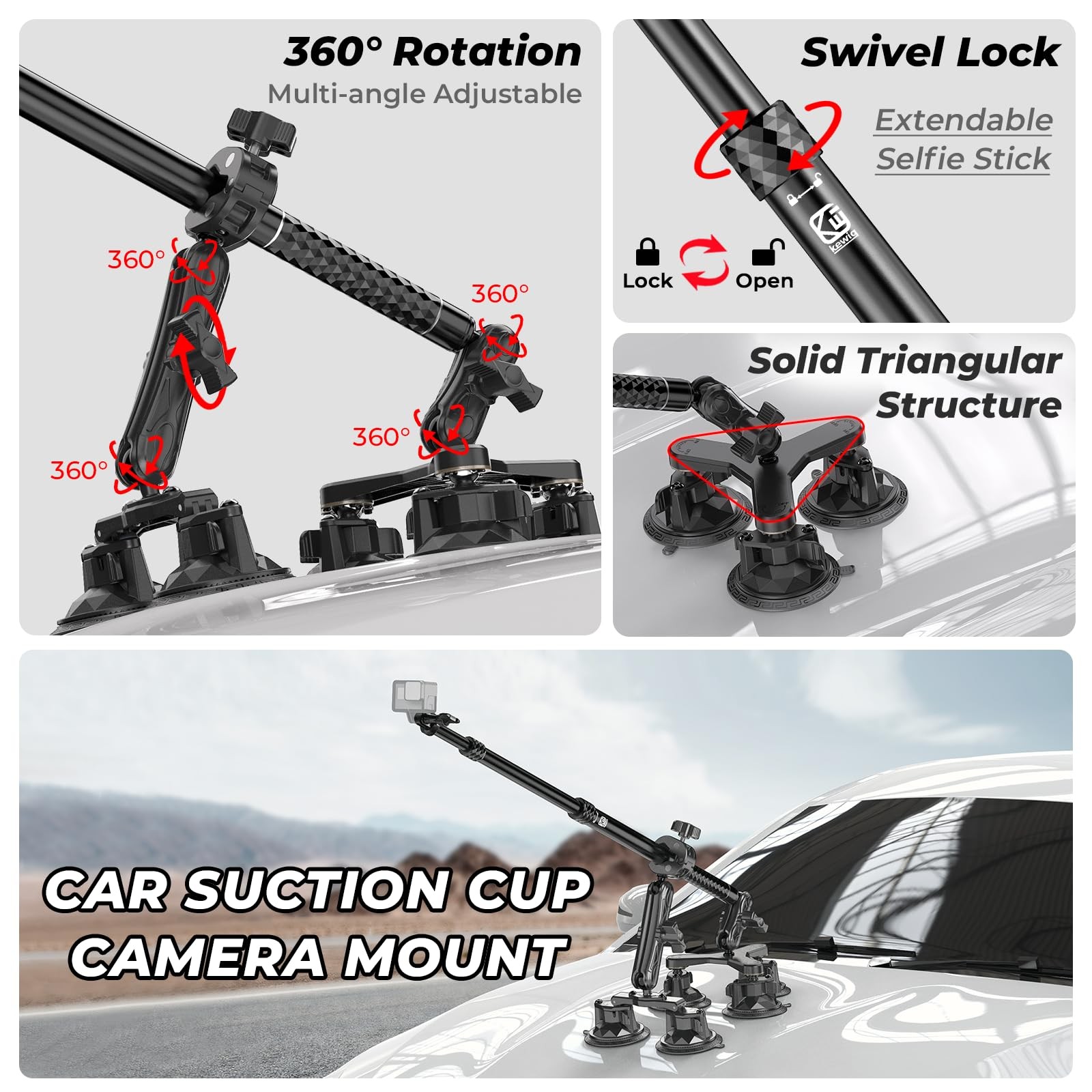 Suction Cup Car Mount – Aluminum Alloy Extendable Selfie Stick, Five 3.5″ Lar…