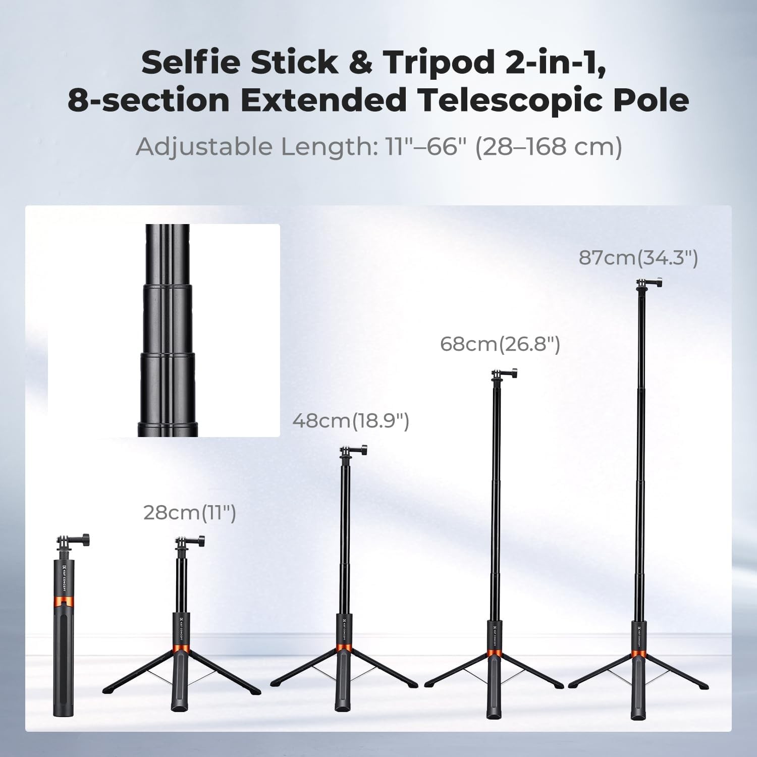 K&F CONCEPT 66″ Invisible Selfie Stick Tripod for Insta360 X5/X4/X3 DJI Osmo 360