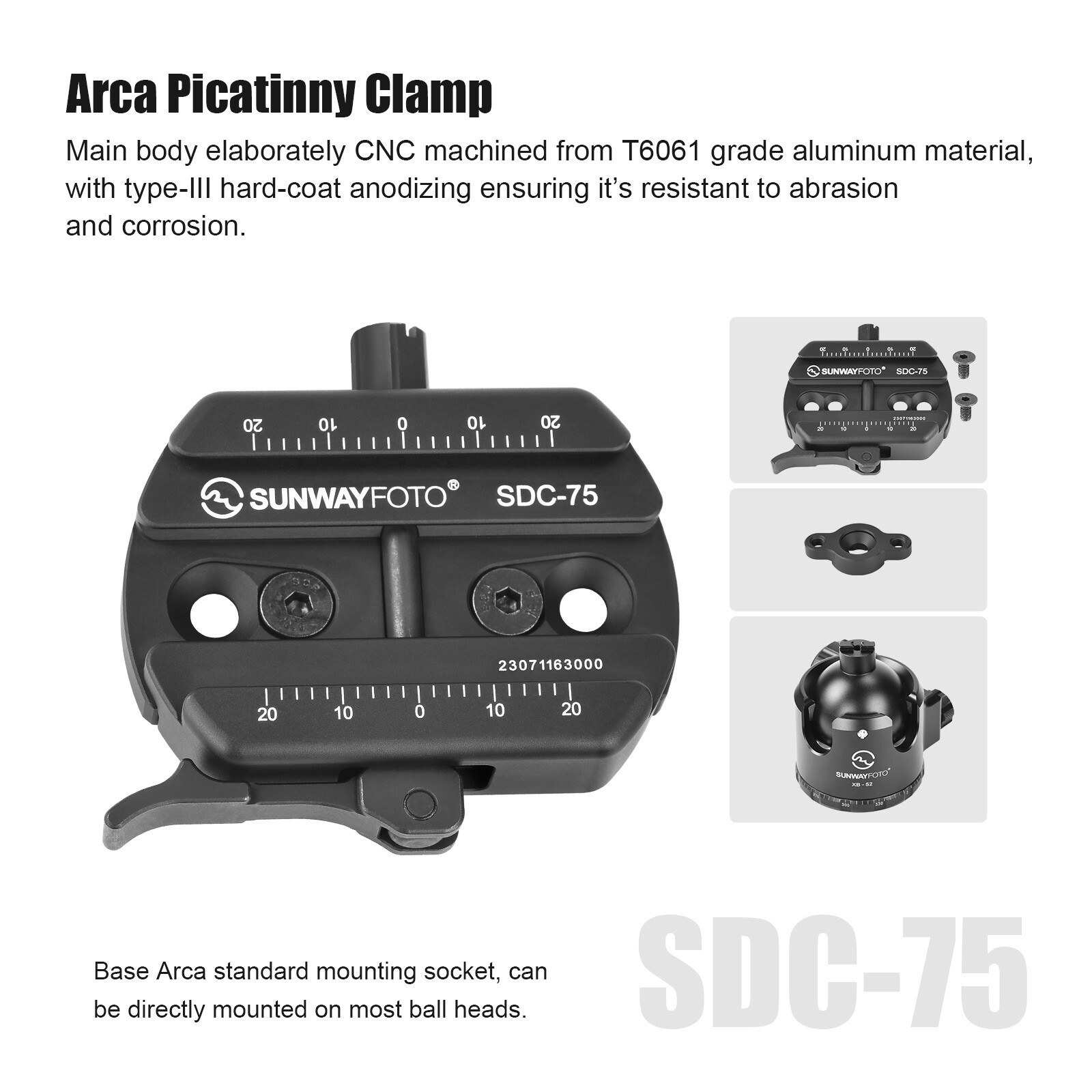 SUNWAYFOTO 75mm Universal Arca Swiss Picatinny Adapter Clamp compatible Tripod