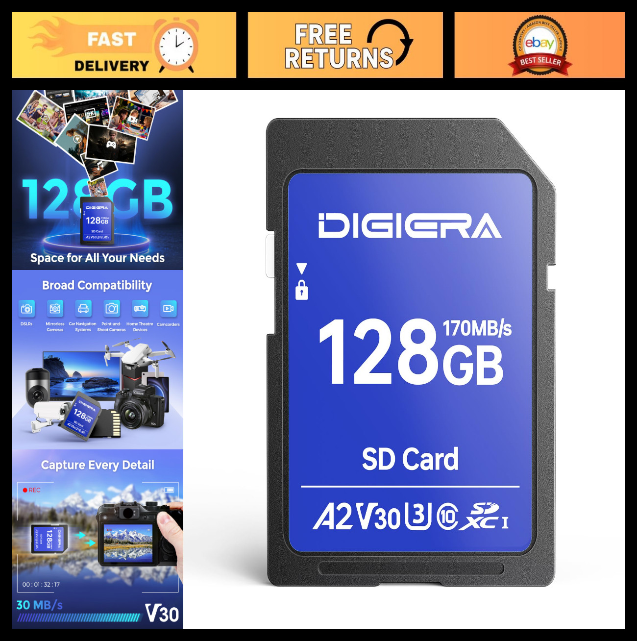 128GB SDXC UHS-I Memory Card – 170MB/s, C10, U3, V30, 4K UHD for Cameras & More
