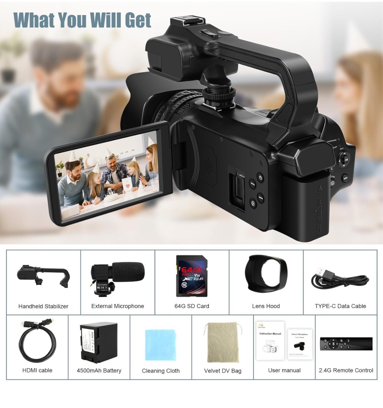 6K 64MP Video Camera Camcorder, 18X Digital Zoom IR Night Vision Vlogging Camera