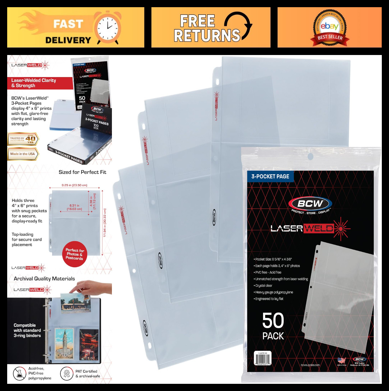 3-Pocket 4×6 Photo Sleeves for 3 Ring Binder | Archival Refill Pages | 50 Count