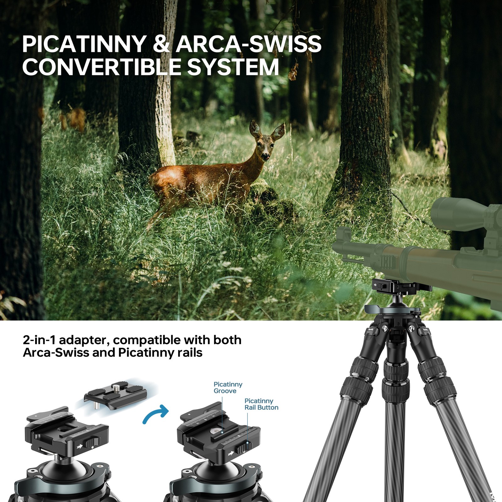 Manbily Carbon Fiber Inverted Hunting Tripod Picatinny Arca Swiss Adapters NEW