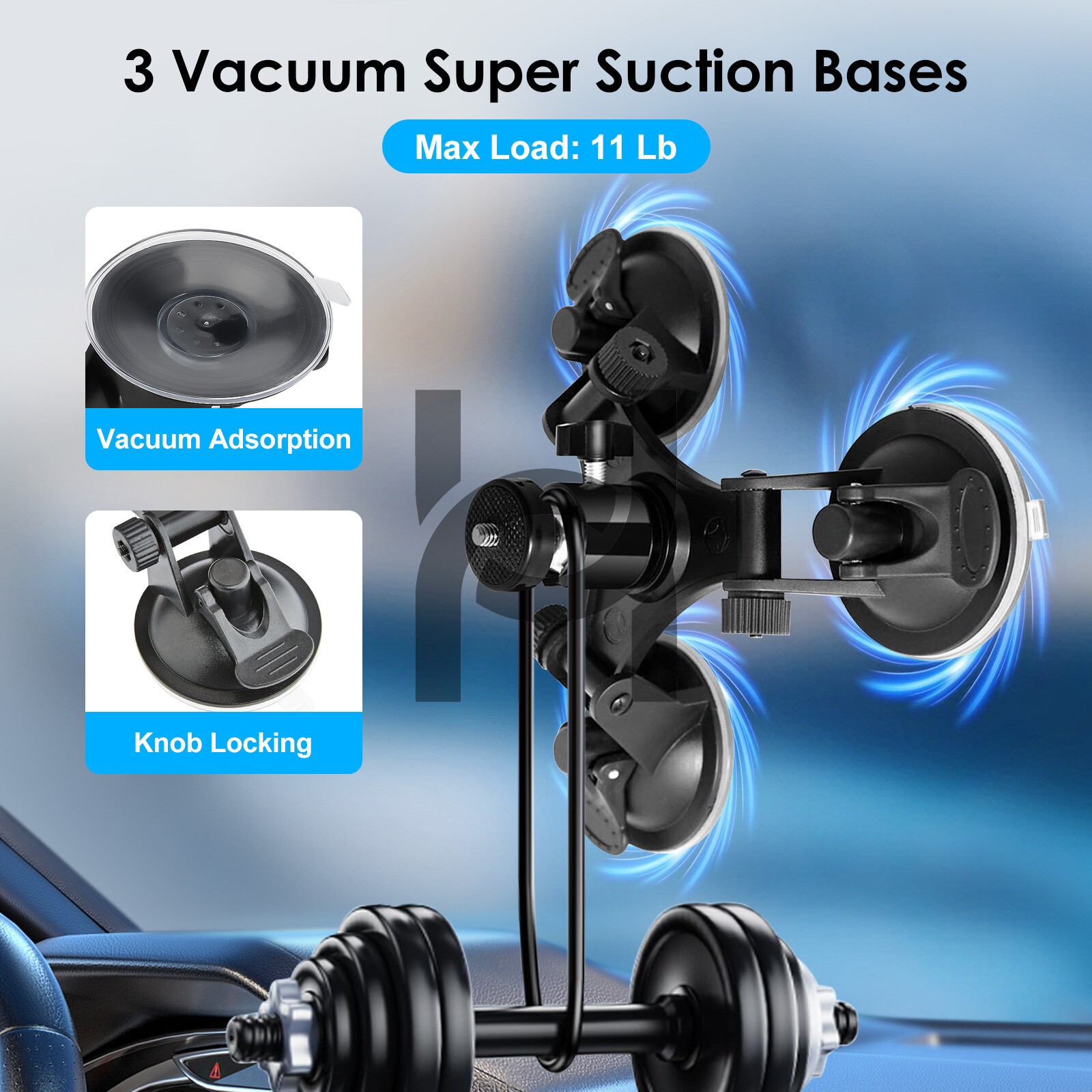 Car Mount Holder For GoPro Sony DJI OSMO Action Camera Triple Suction Cup Stand