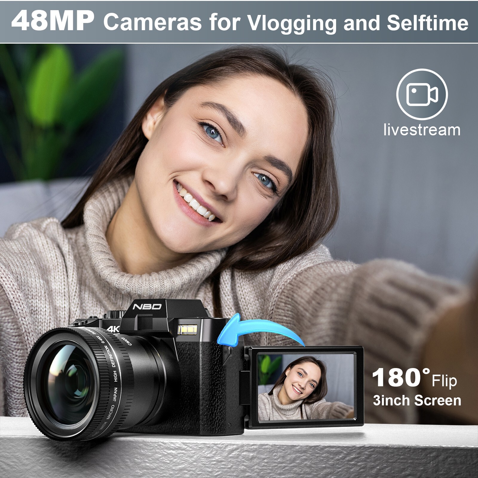 NBD 4K Digital Cameras 48MP 60FPS Video Camera WiFi &App Control for Photography