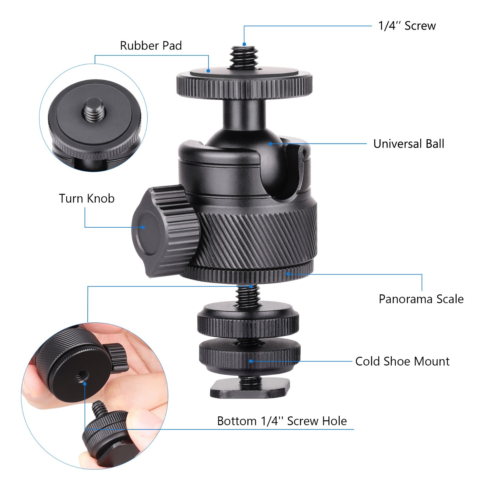 2Pcs Mini Ball Head 1/4″ Screw Mount Bracket Holder 360° Swivel Camera Tripod