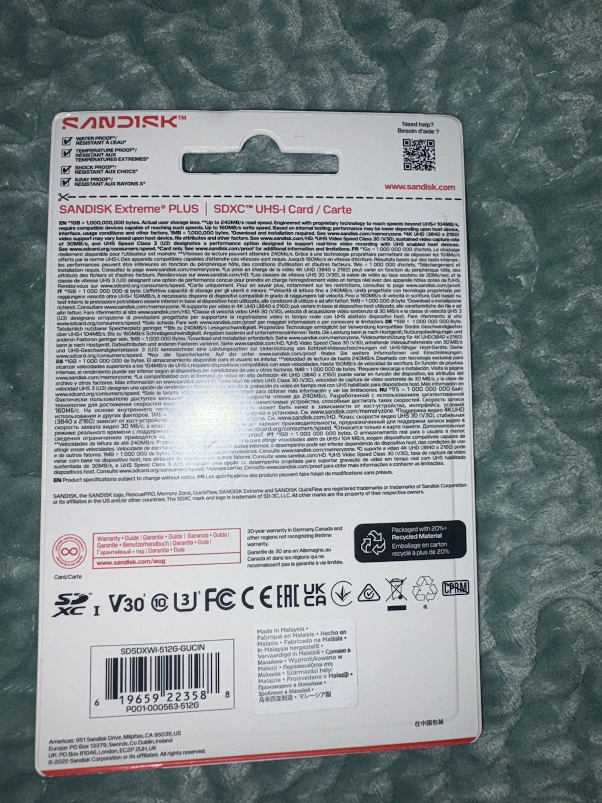 SanDisk Extreme PLUS 512GB SDXC UHS-I Class 10 V30 Memory Card Waterproof