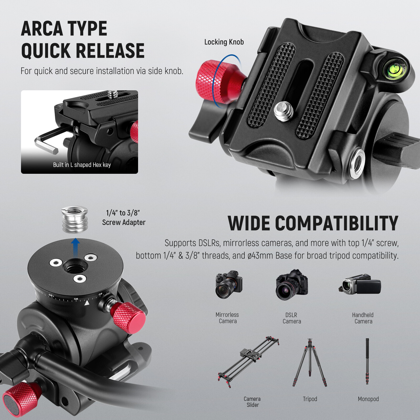 NEEWER Fluid Tripod Head with Handle & Arca Type QR,Panorama Drag Pan Tilt Head