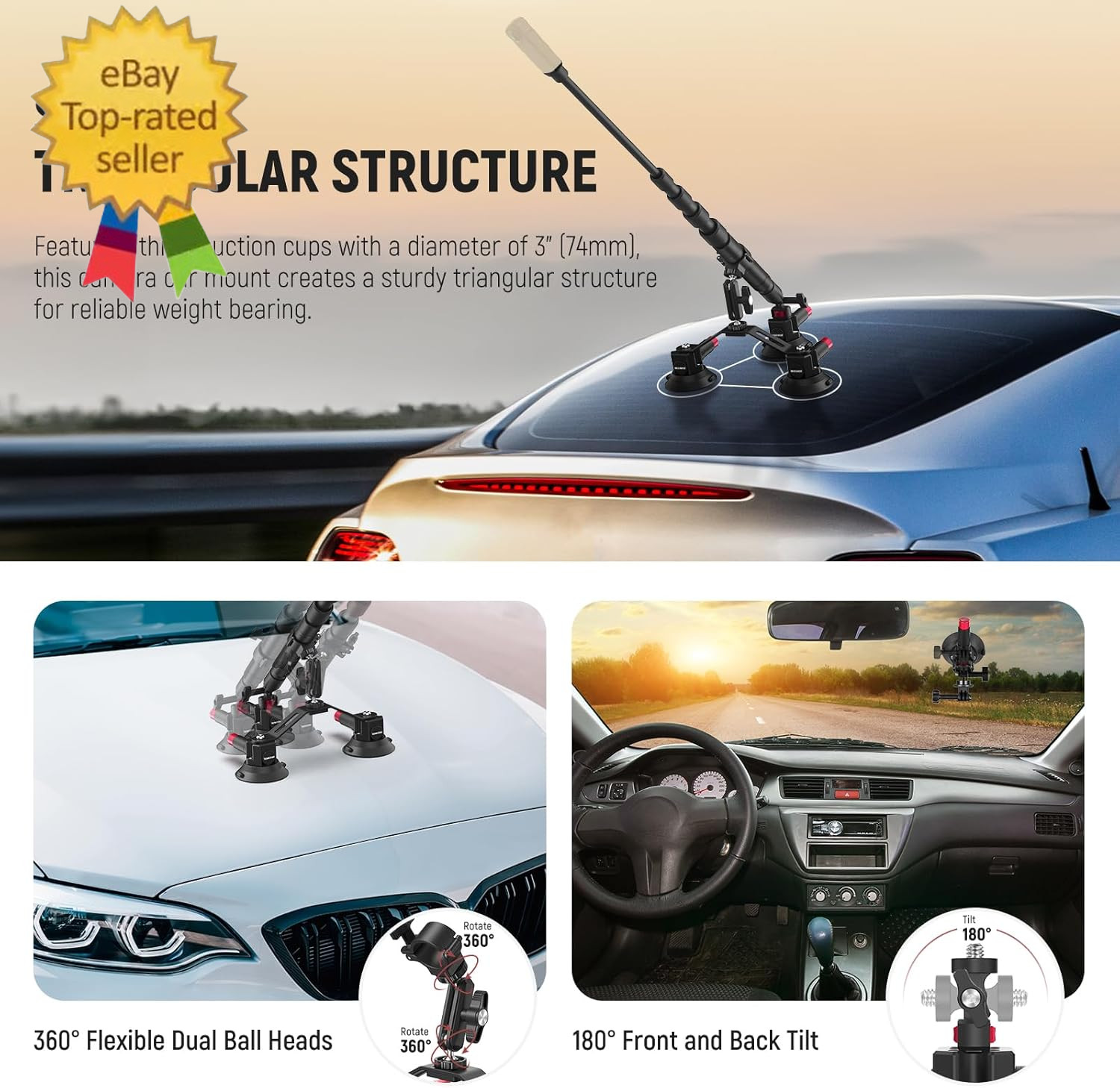 Triple Suction Cup Car Mount Compatible with Insta360 X5 X4 Gopro DJI OSMO 360 C