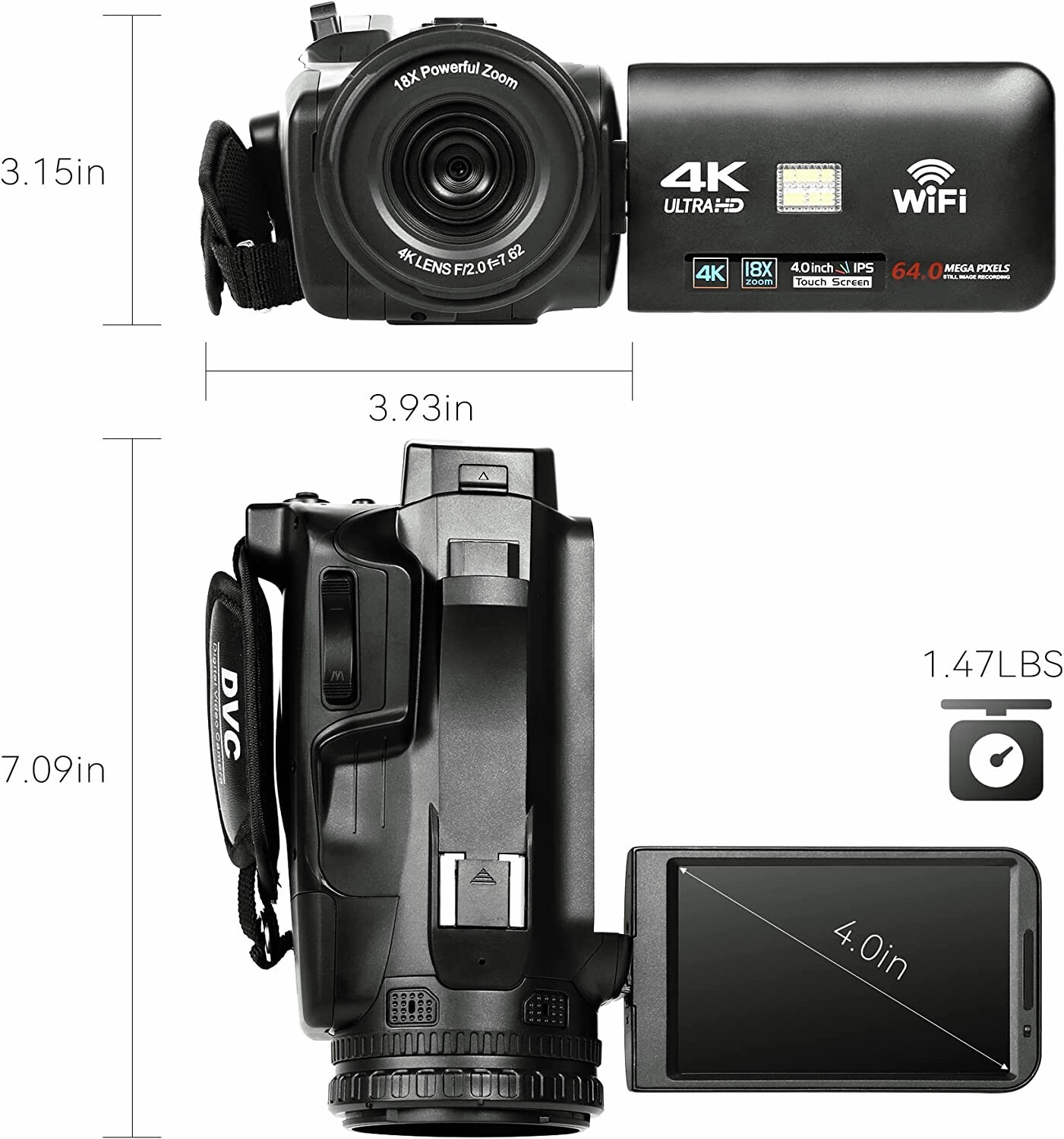 UHD 4k Video Camera Camcorder with 18X Digital Zoom,64MP Digital Camera Recorder