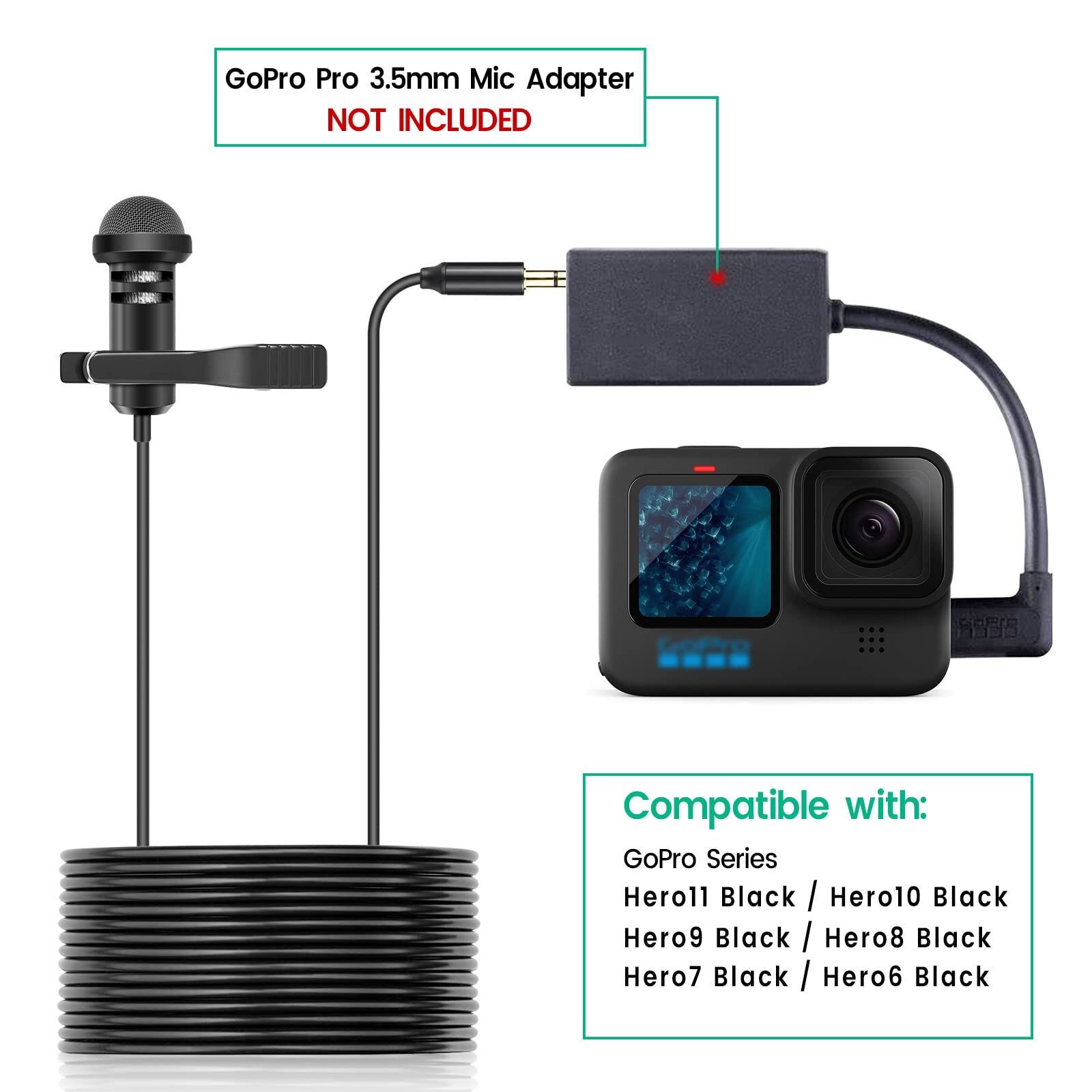 Media Mod Mic For Gopro HERO11 10 9 Black Action Camera Lavalier Lapel Clip On