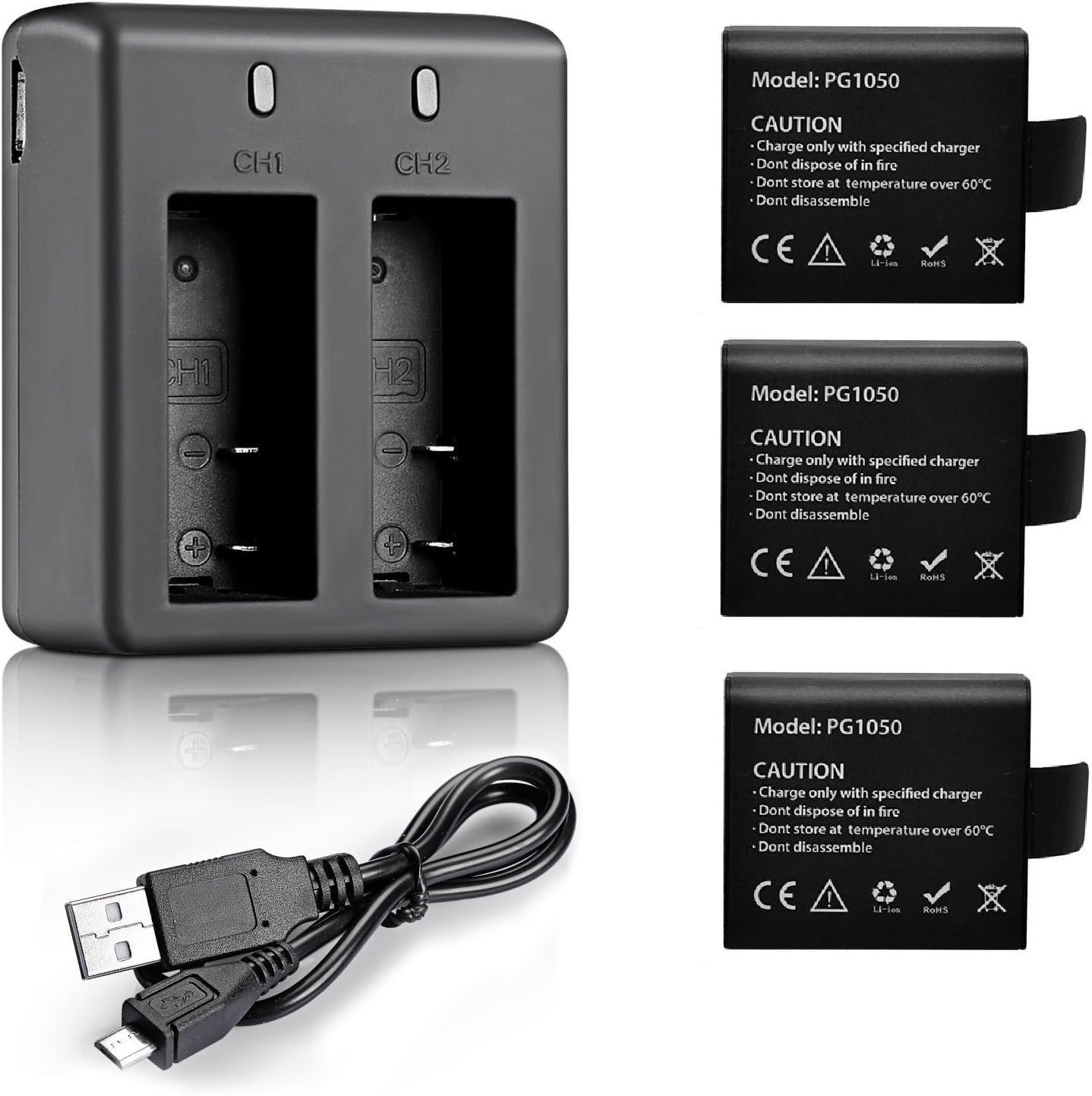 3 x 1050mAh Rechargeable Action Camera Battery with USB Dual Charger Compatible