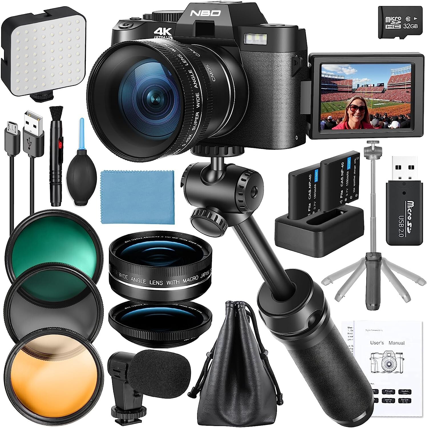 Digital Camera 4K 48MP 3” flip screen Video Camera YouTube with Tripod Grip Mic