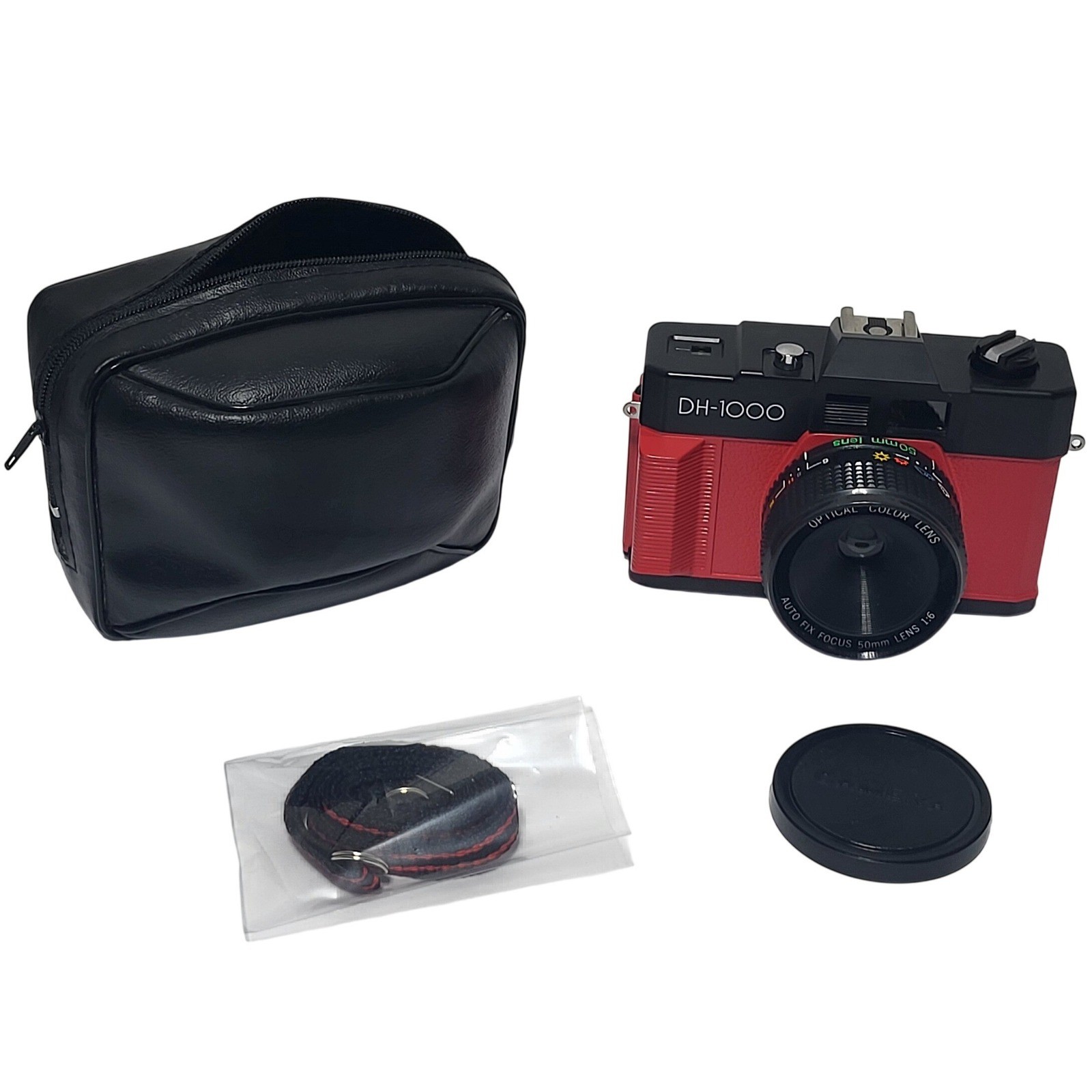 Vintage DH-1000 35mm Film Camera Red Black 50mm Lens Case Strap Taiwan*