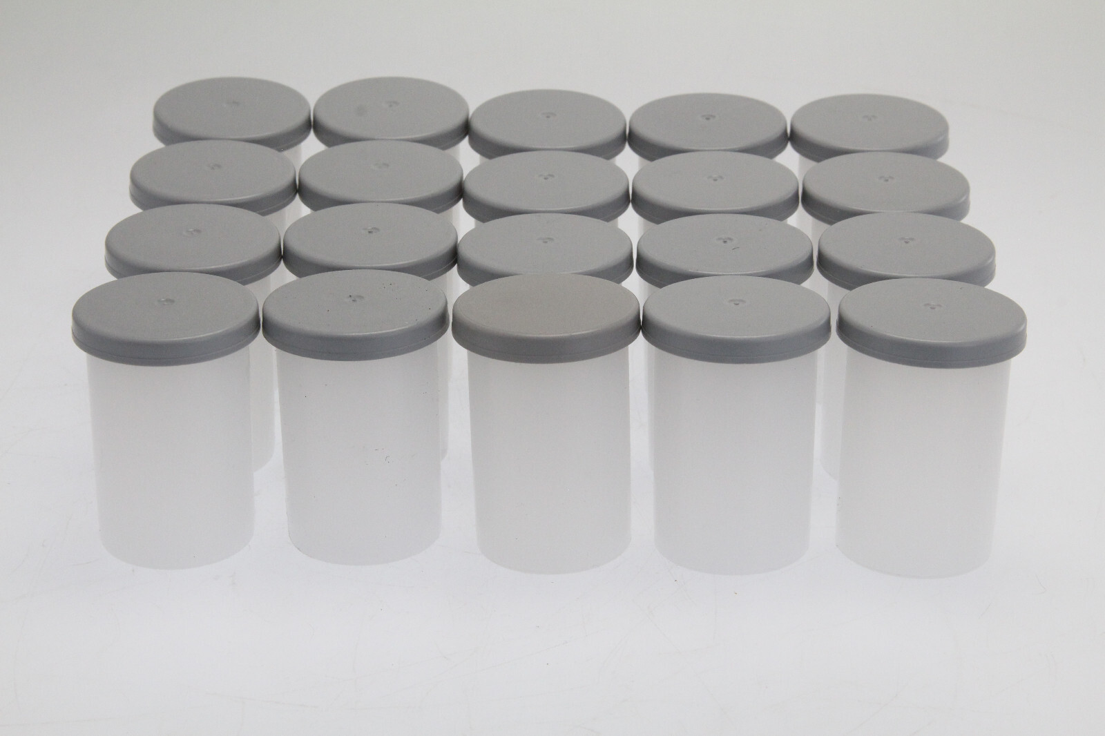 (20) Plastic Clear 35mm Film Canisters with Grey Lid Tops (Hobby, Hardware, etc)