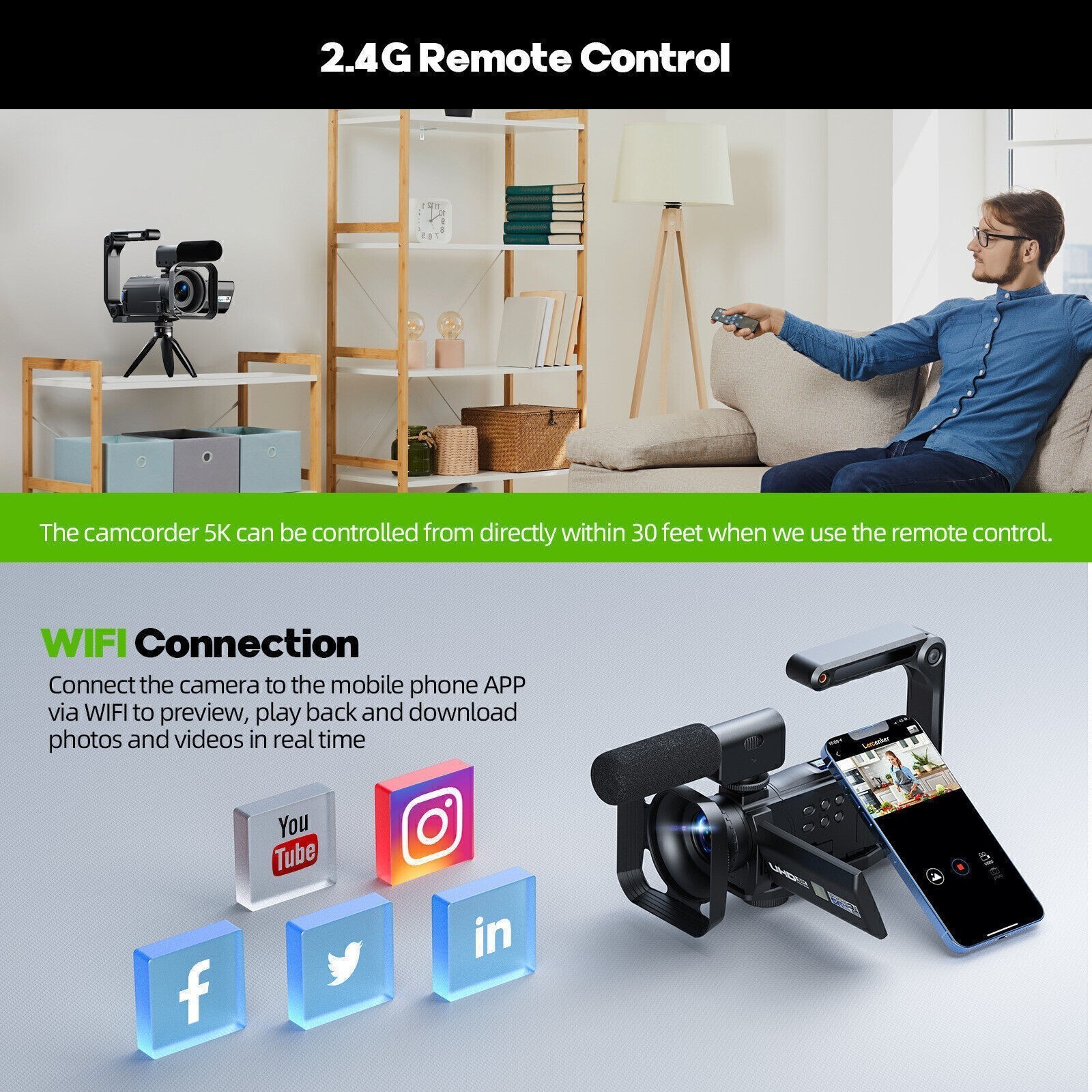 5K Camcorder Video Camera with Dual Lens WiFi IR Night Vision w/64GB,Mic,Tripod