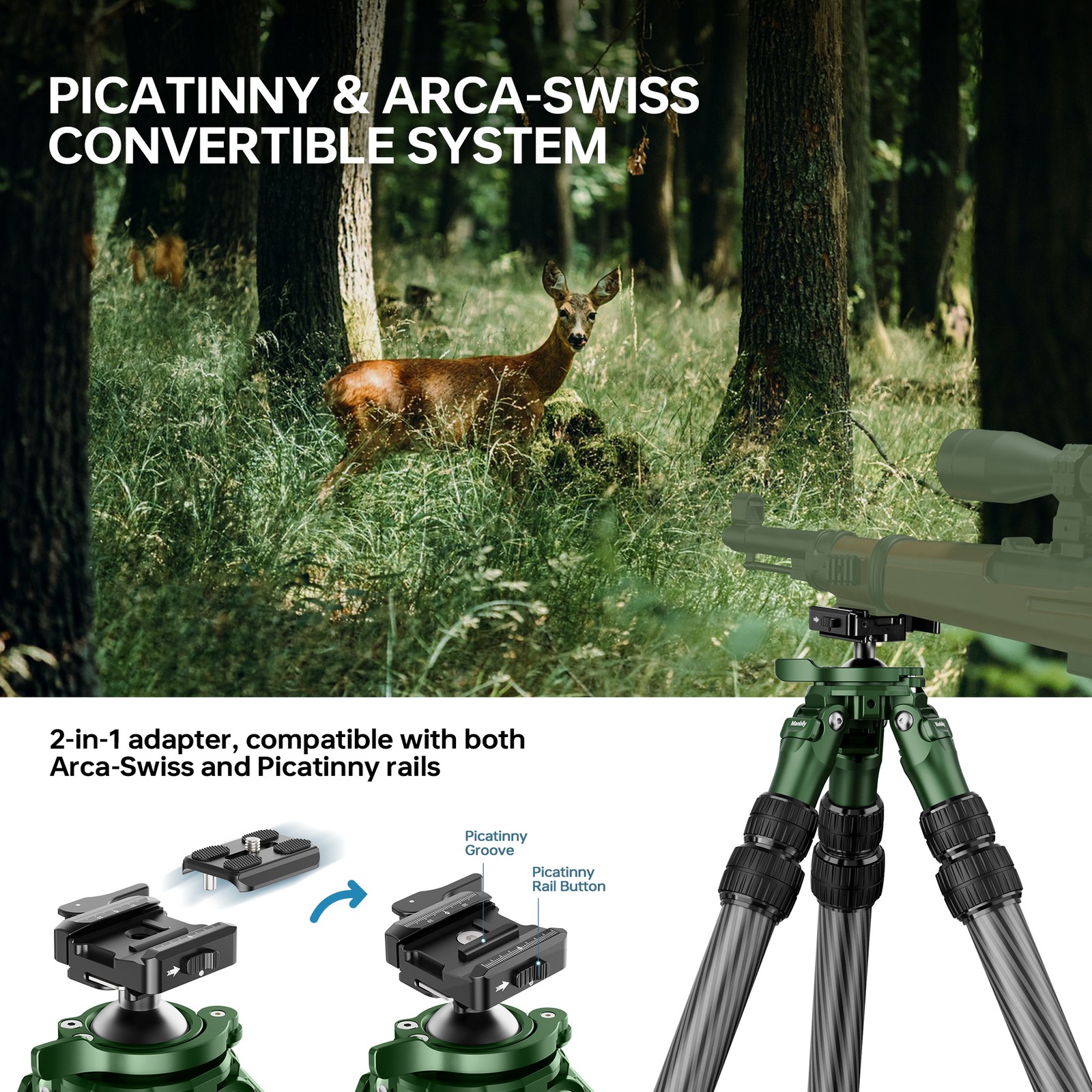 Manbily Carbon Fiber Inverted Hunting Tripod Picatinny Arca Swiss Adapters NEW