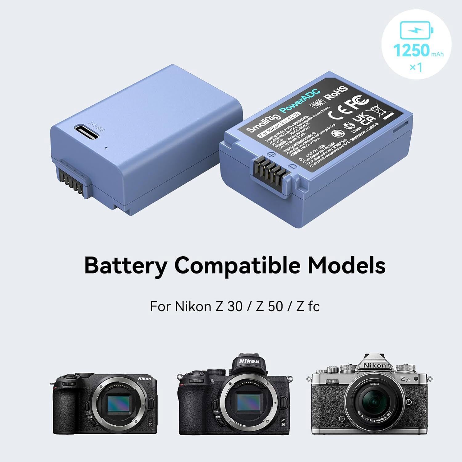 SmallRig EN-EL25 Battery 1250mAh USB-C Replacement Battery fr Nikon Z30/Z50/Z fc