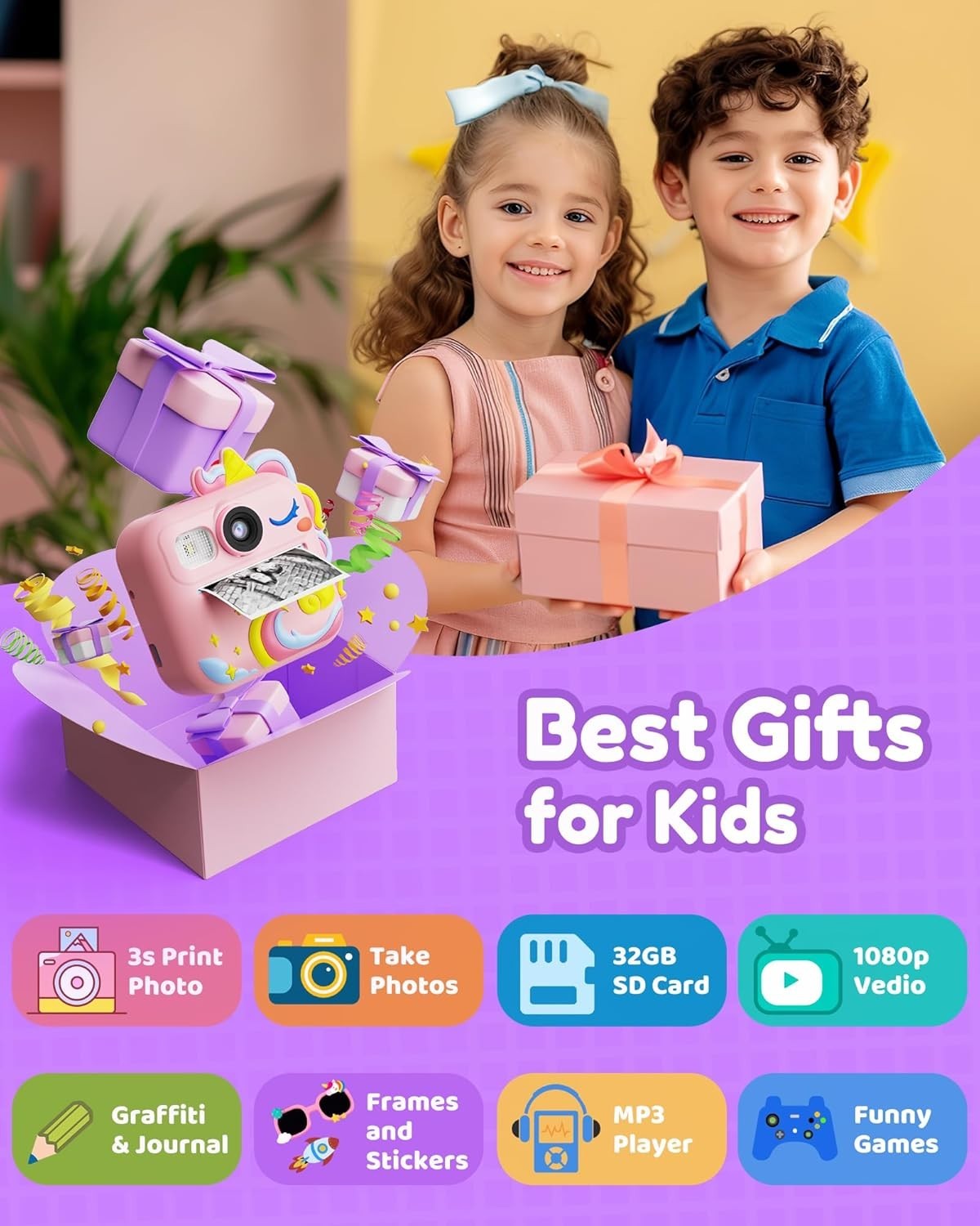 Kids Camera Instant Print, Toddler Cameras Birthday Instant Print Toys for Kids